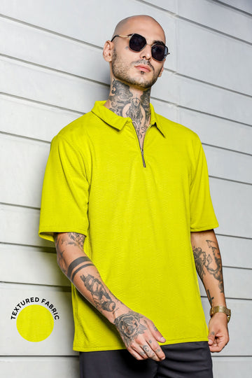 Unisex Lime Green Textured Polo Neck Oversized T-shirt
