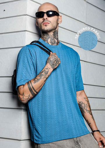 Unisex Blue Textured Round Neck Oversized T-shirt