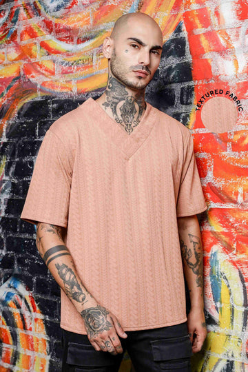 Unisex Brown Textured V-Neck Oversized T-shirt
