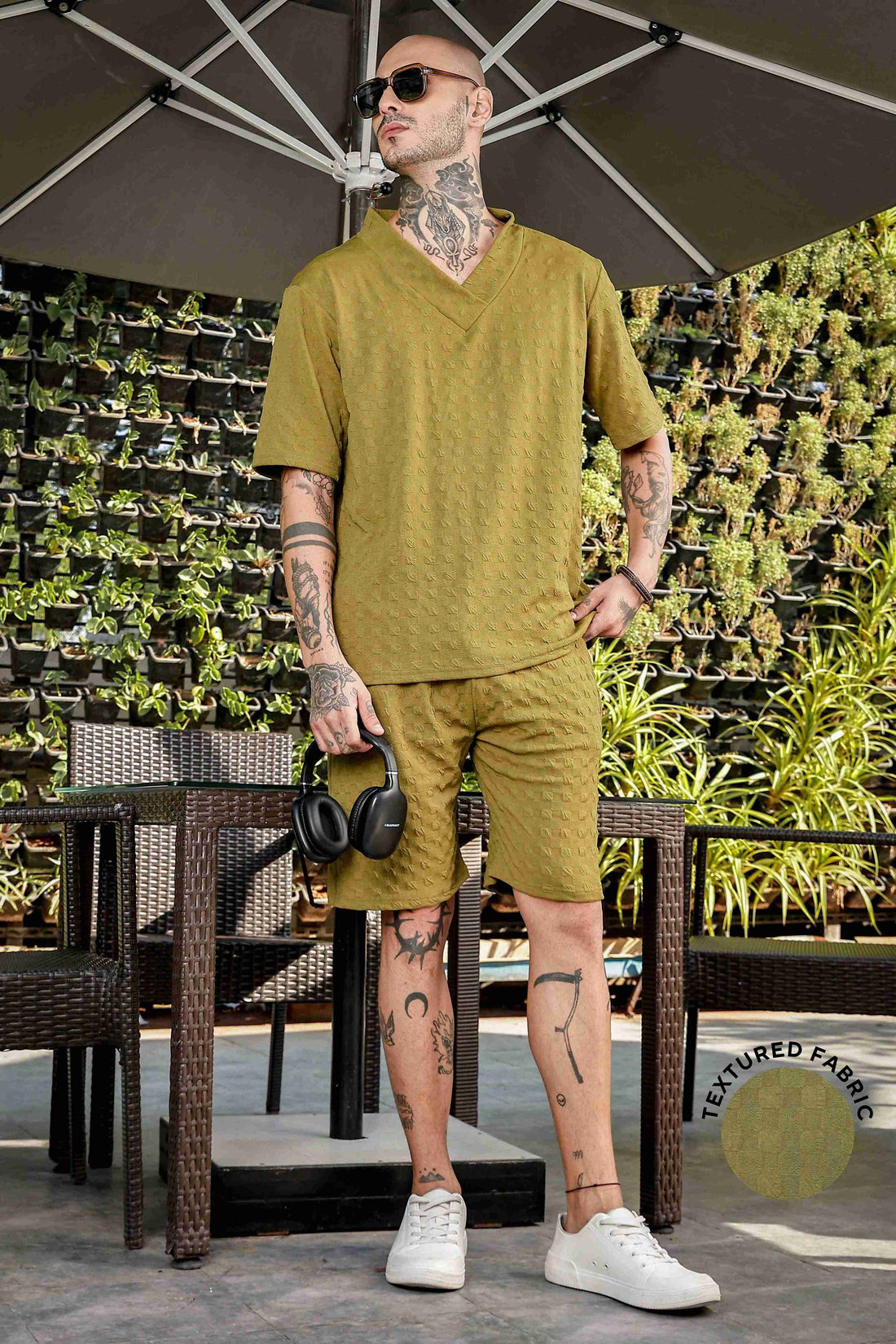 Unisex Olive Textured Oversized V-Neck Tee & Shorts Co-ord Set