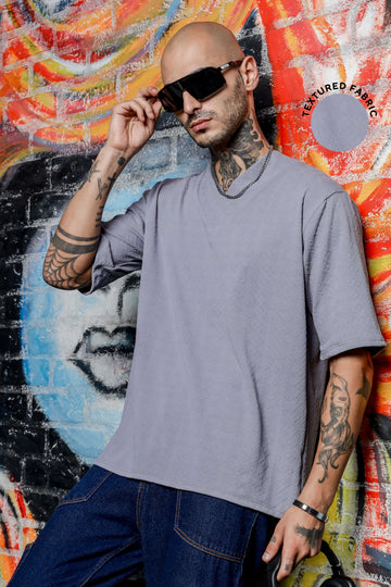 Unisex Grey Textured V-Neck Oversized T-shirt