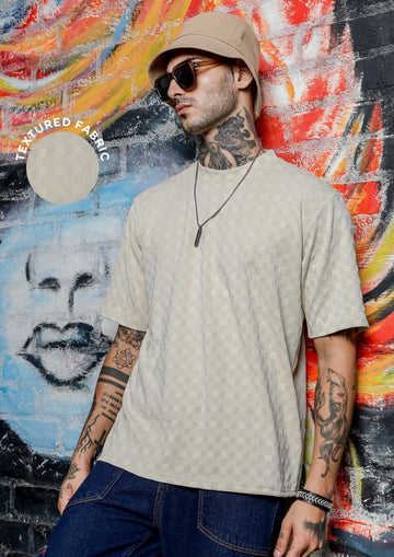 Unisex White Textured Round Neck Oversized T-shirt