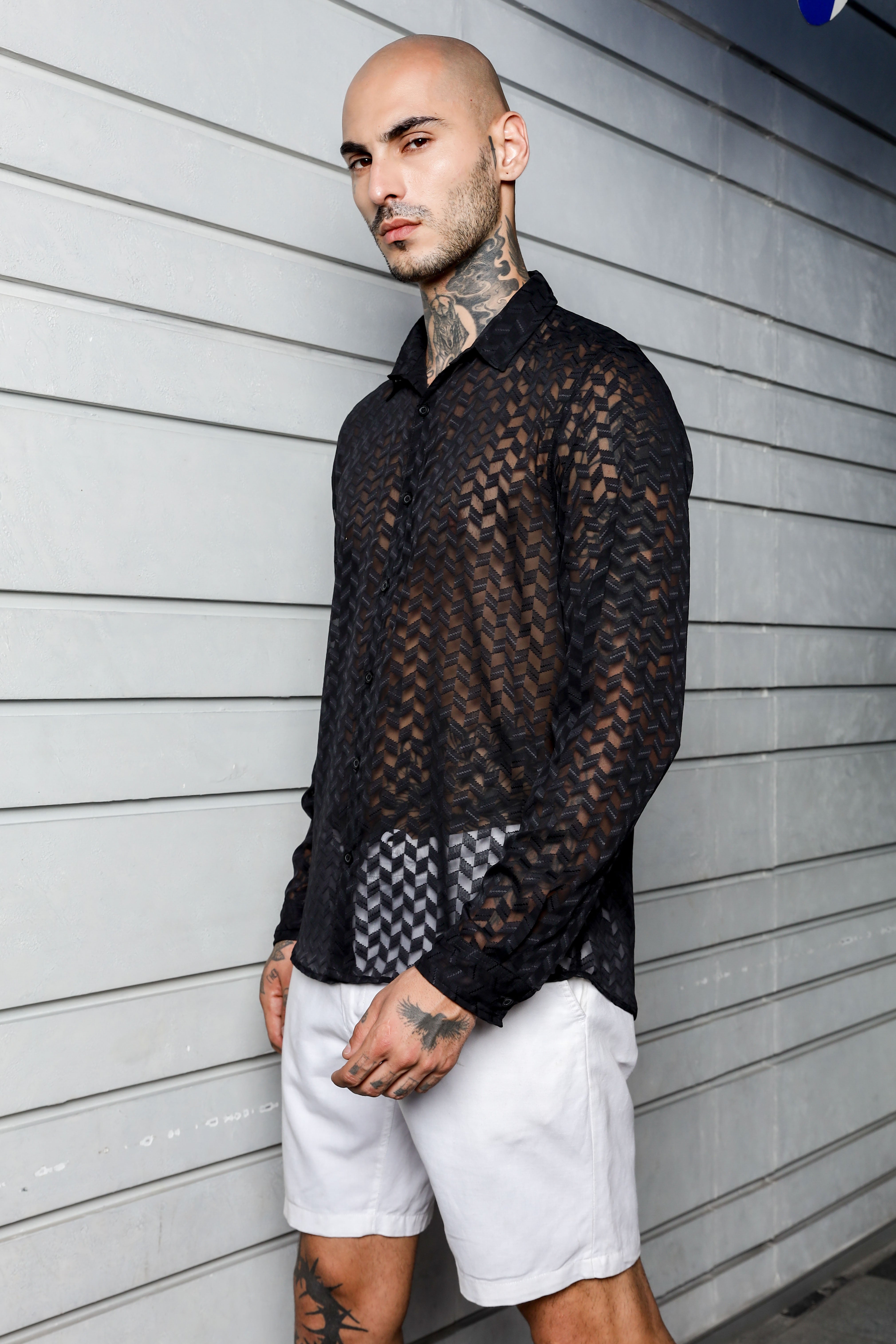 Black Classic Semi Sheer Georgette Relaxed Fit Shirt