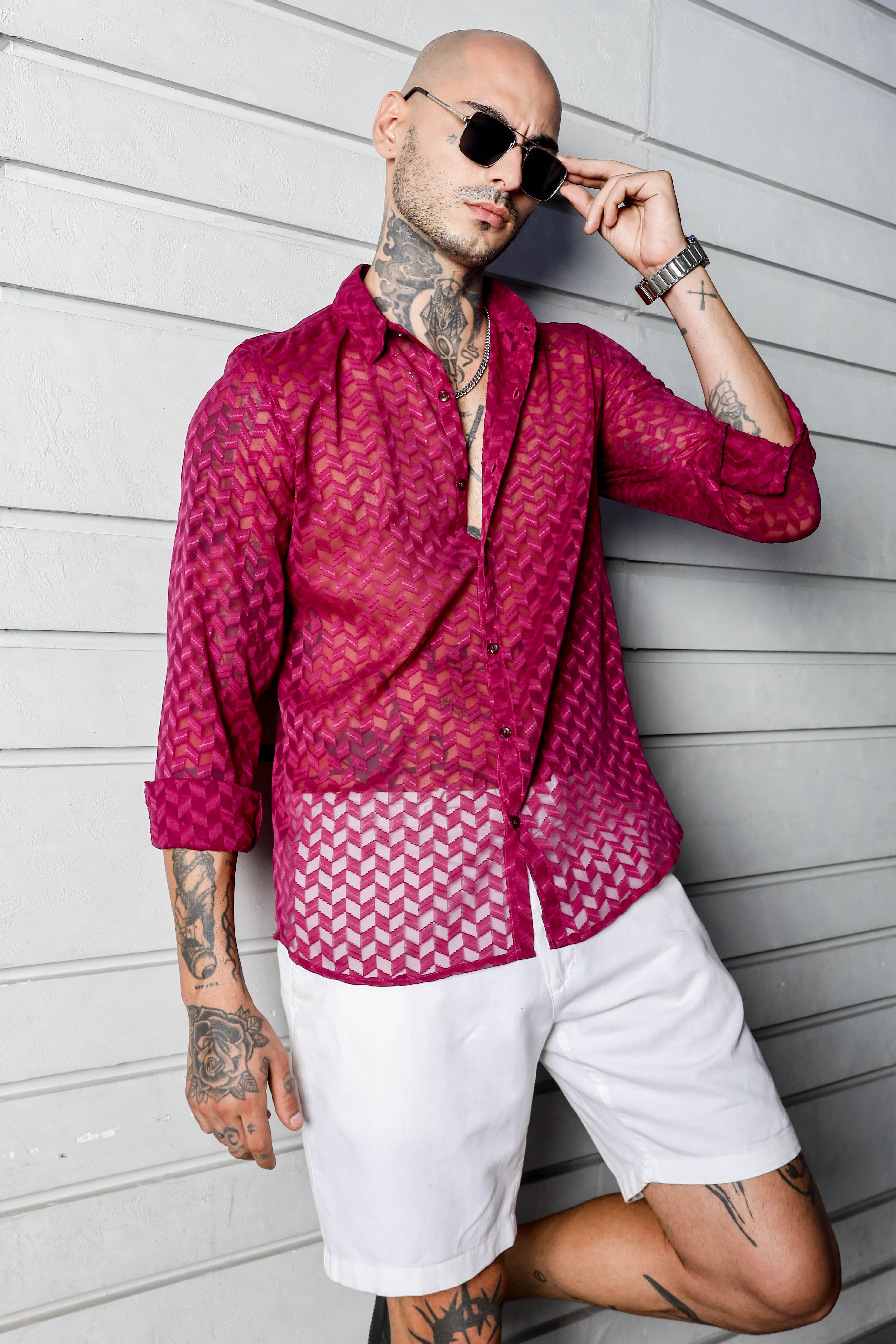 Pink Classic Semi Sheer Georgette Relaxed Fit Shirt