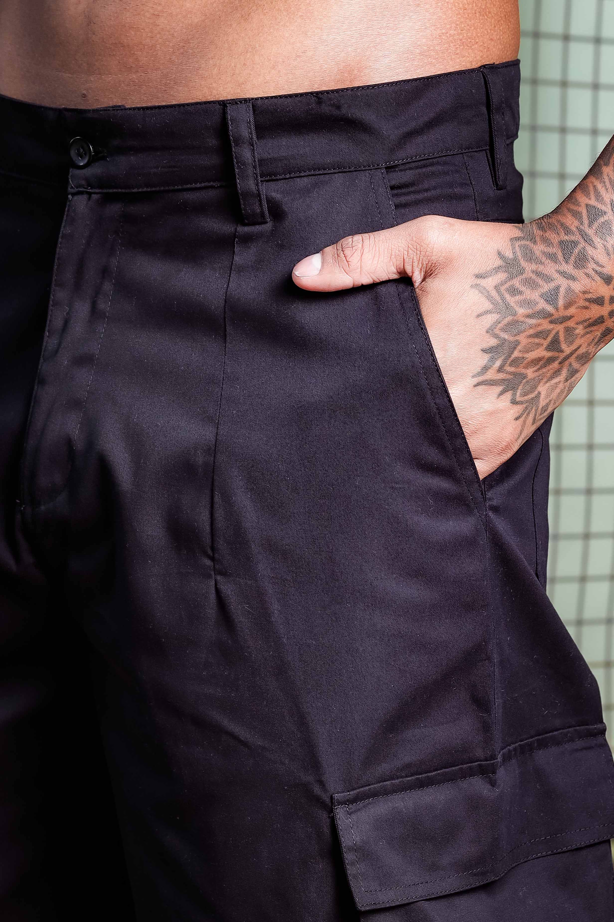 Black Baggy fit Korean Style 6 Pocket Relaxed Fit Pure Cotton Cargo Trousers