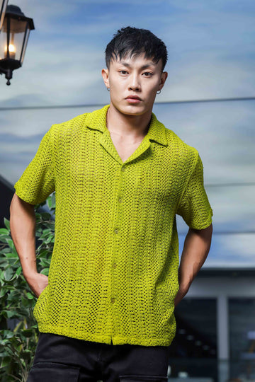 Lime Green Relaxed Fit Pure Cotton Crochet Resort Shirt