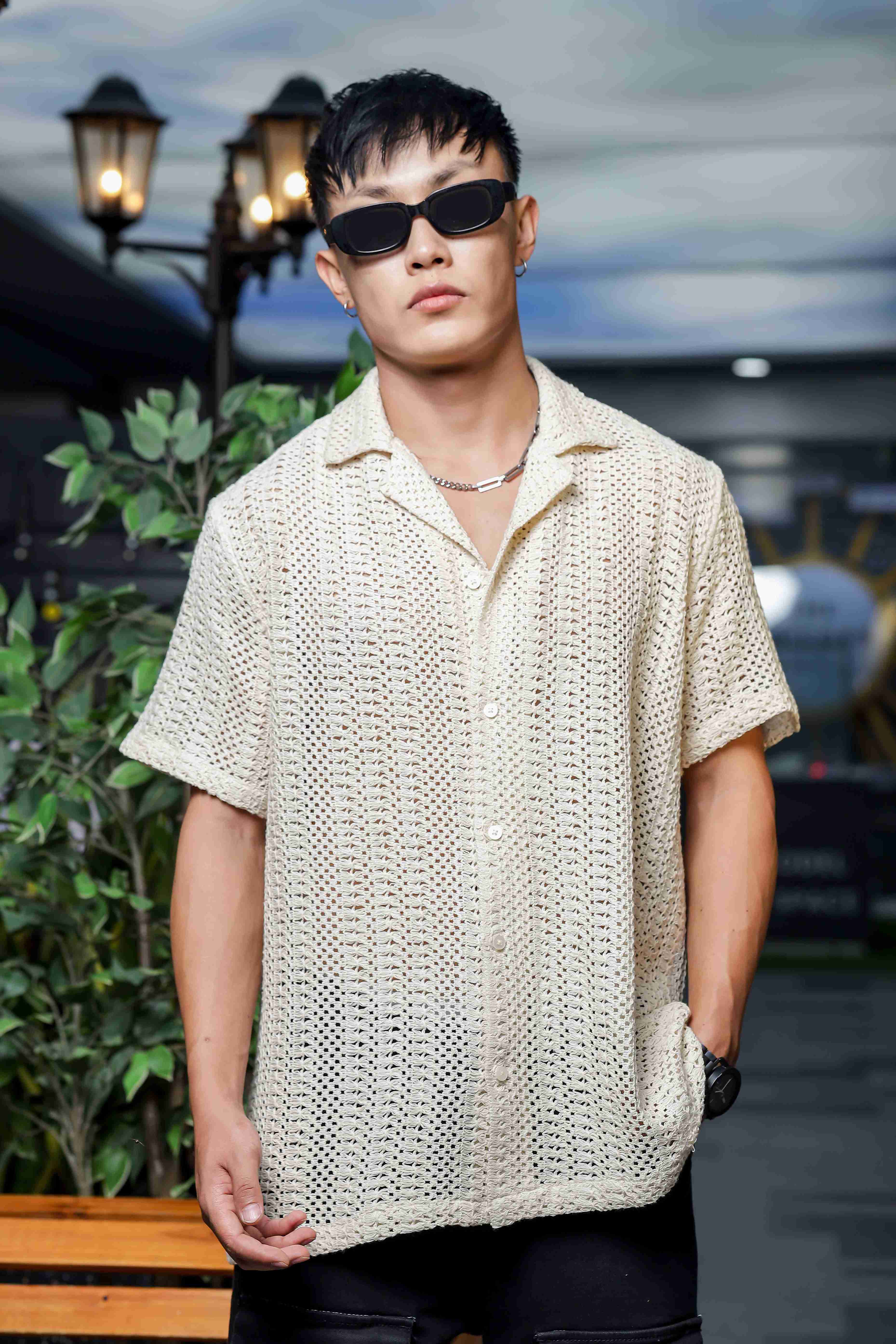 Off White Relaxed Fit Cotton Crochet Resort Shirt