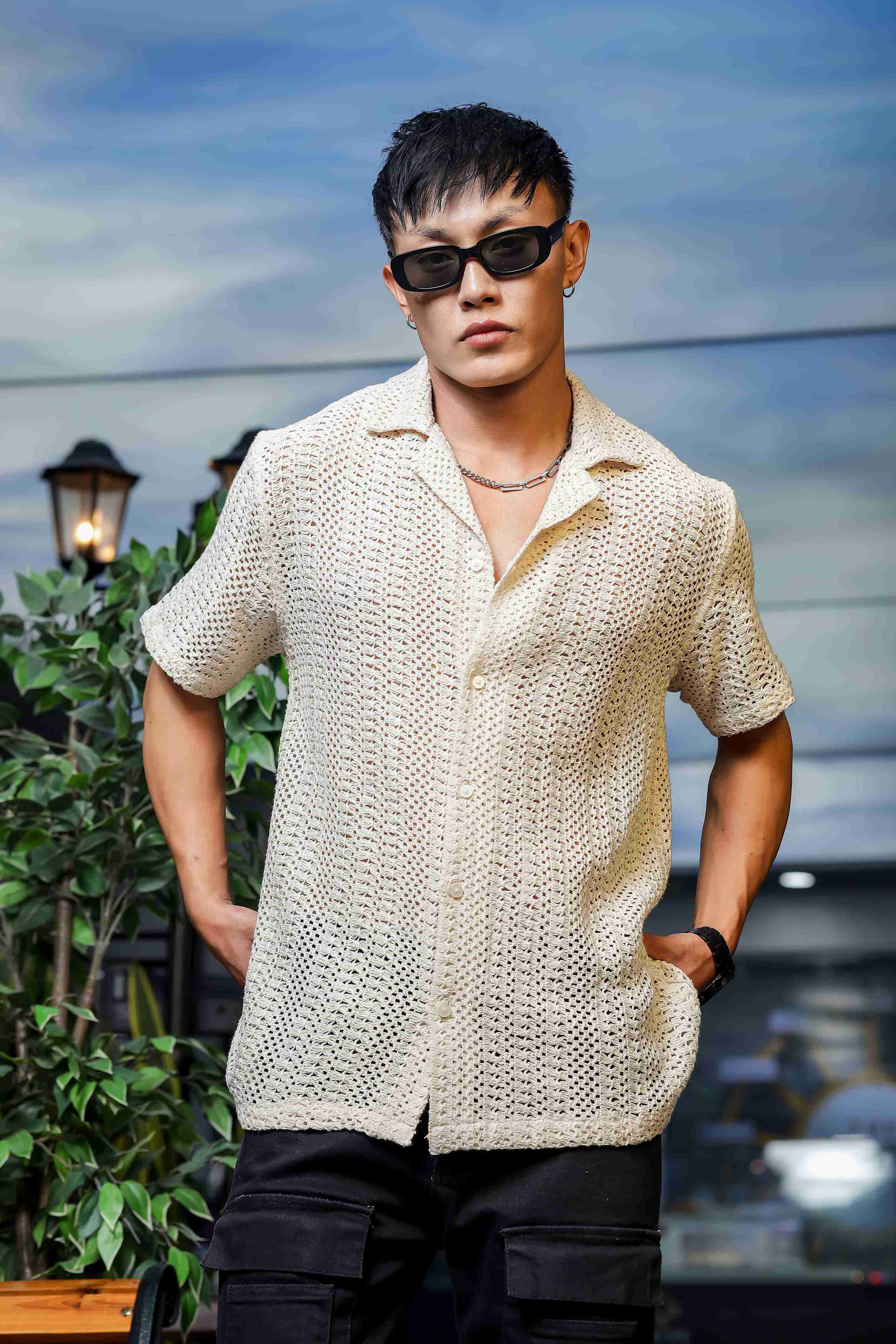 Off White Relaxed Fit Cotton Crochet Resort Shirt