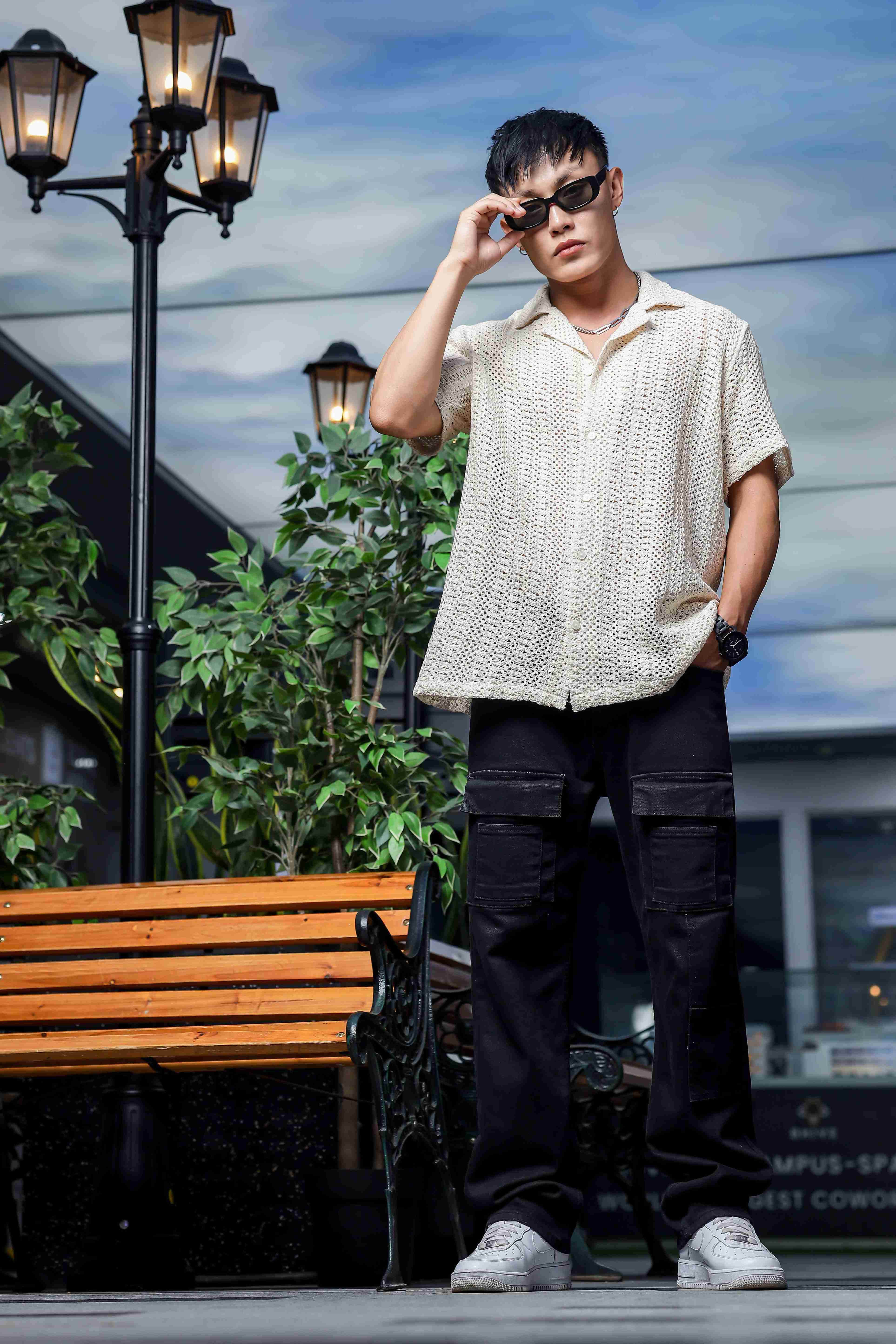 Off White Relaxed Fit Cotton Crochet Resort Shirt