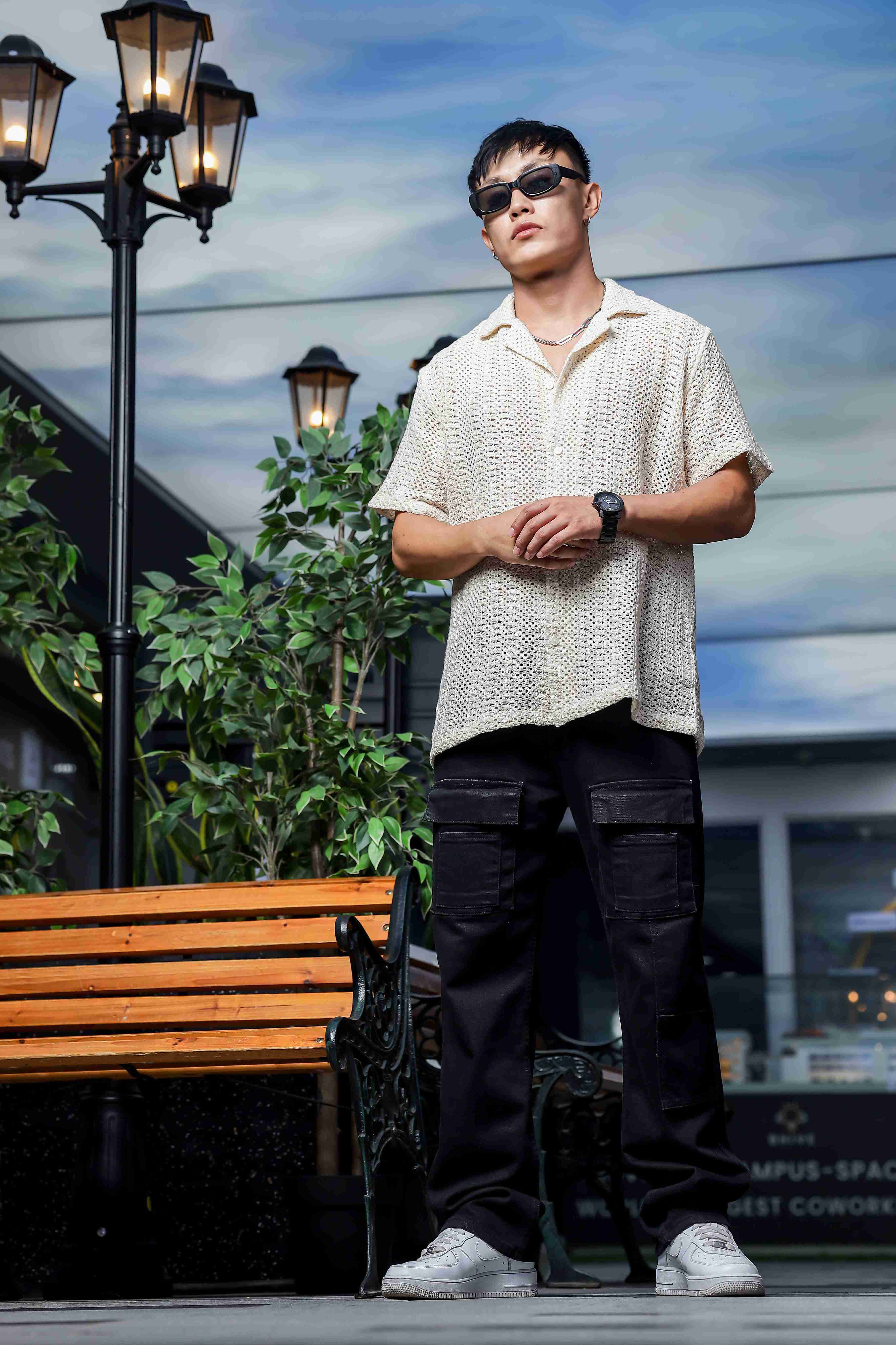 Off White Relaxed Fit Cotton Crochet Resort Shirt