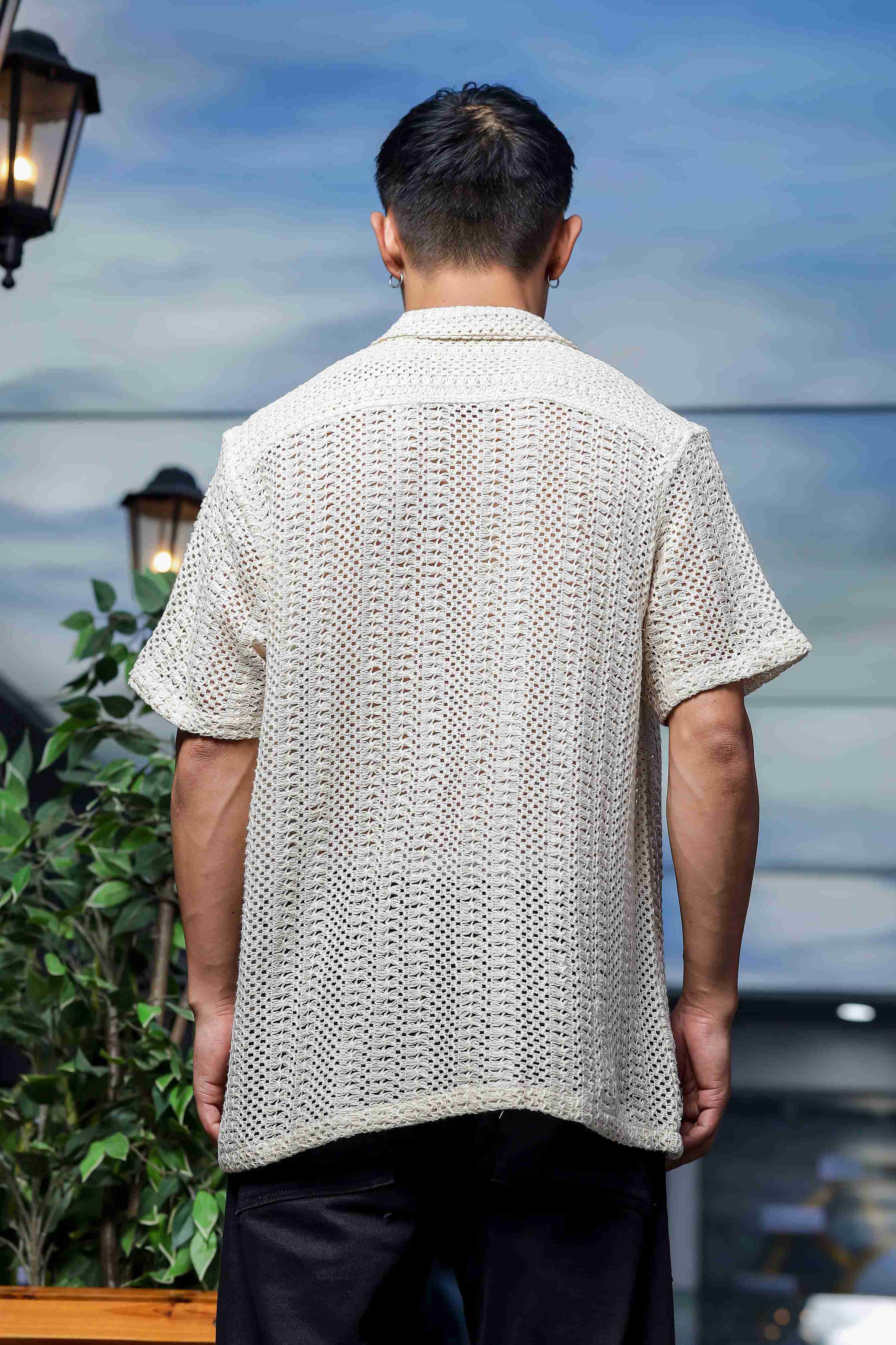 Off White Relaxed Fit Cotton Crochet Resort Shirt