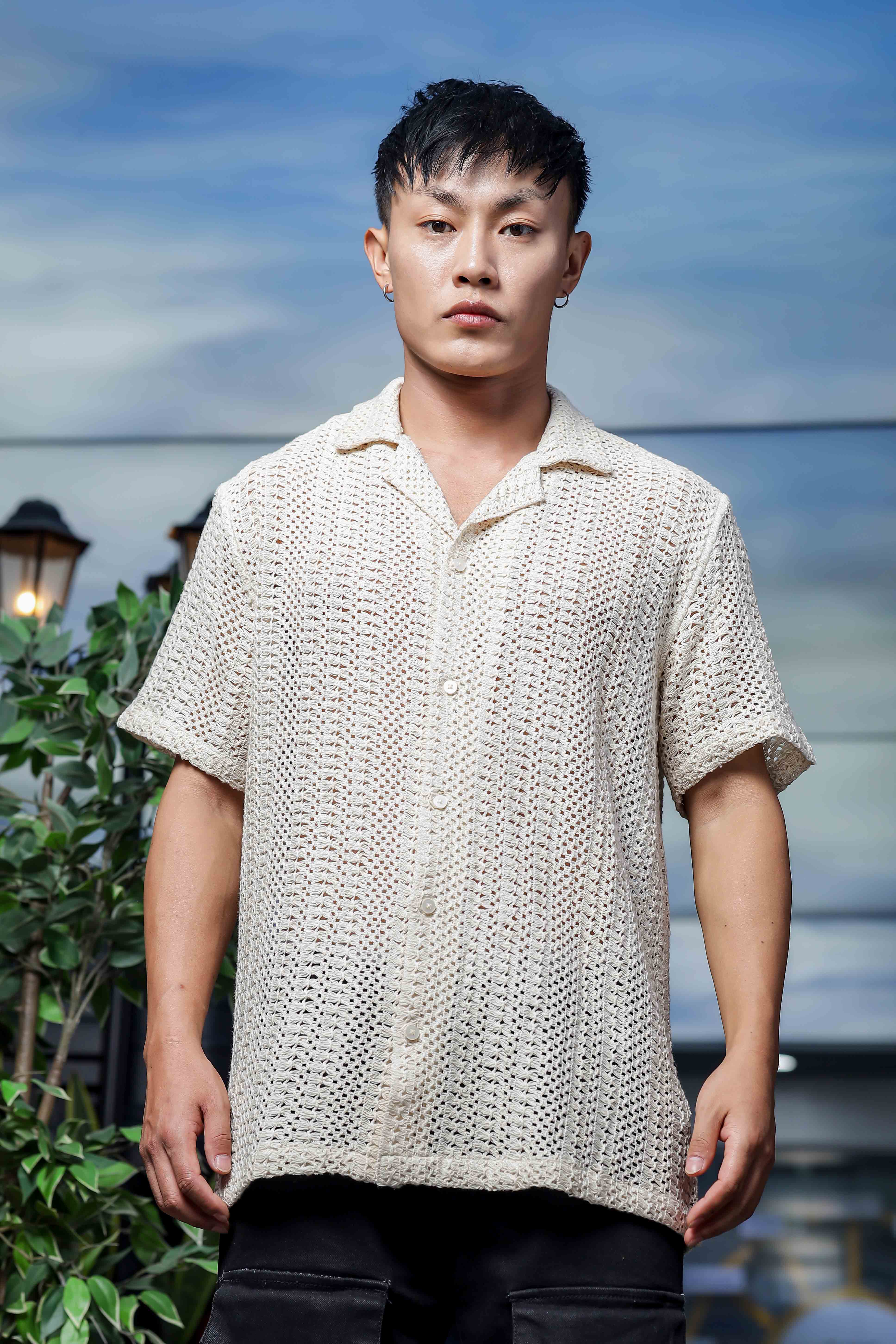 Off White Relaxed Fit Cotton Crochet Resort Shirt