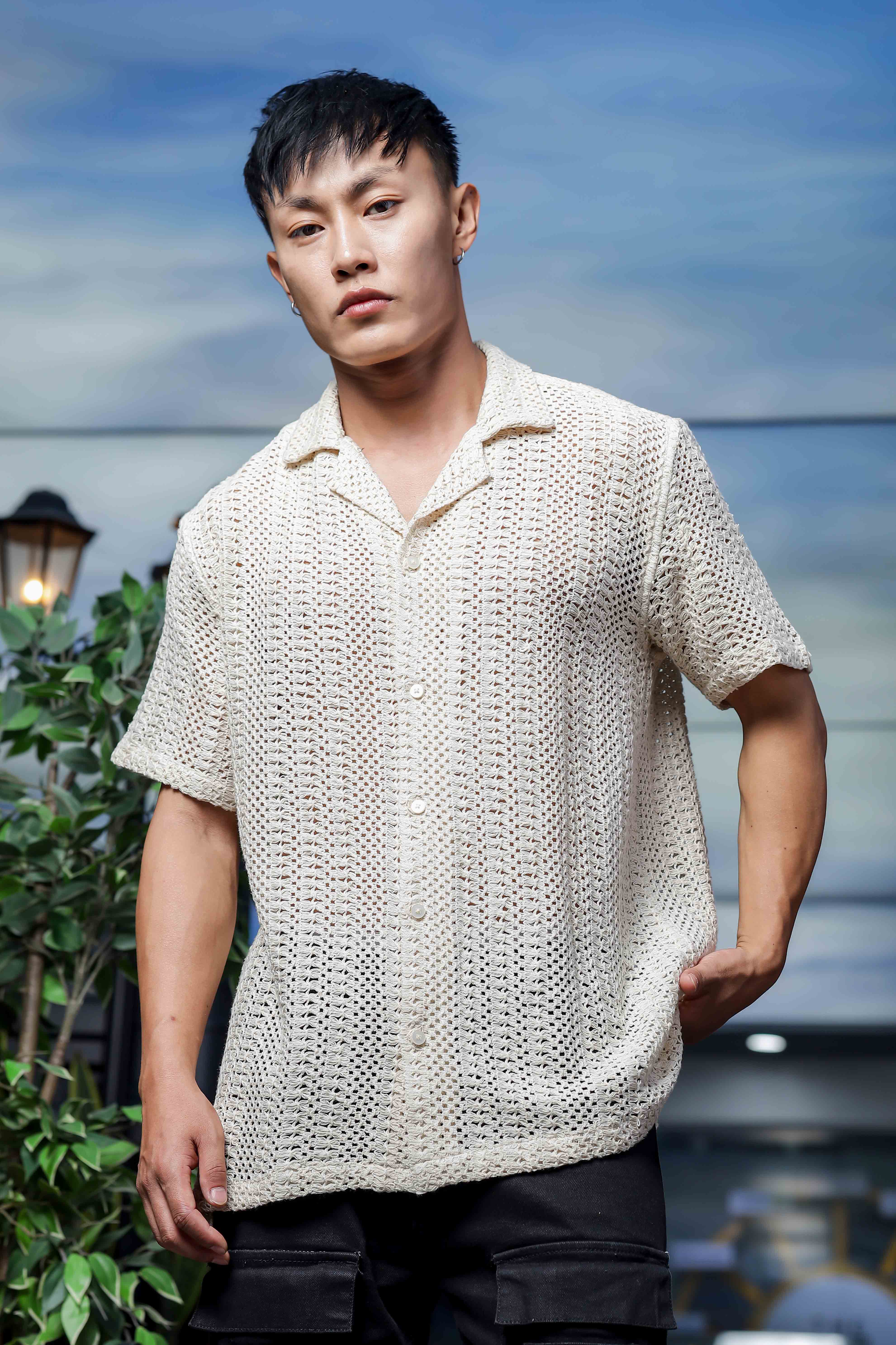 Off White Relaxed Fit Cotton Crochet Resort Shirt
