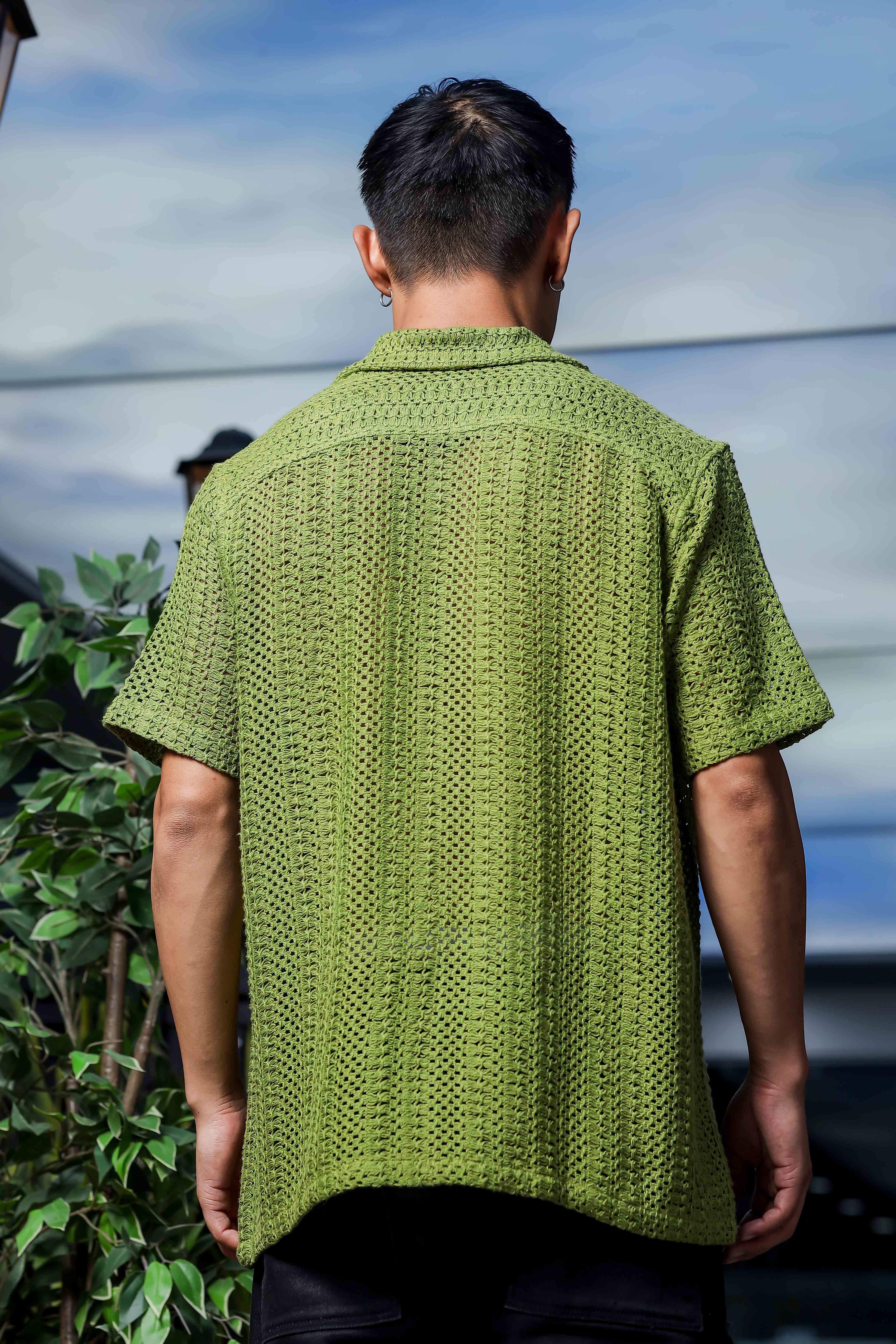 Olive Pure Cotton Crochet Relaxed Fit Resort Shirt