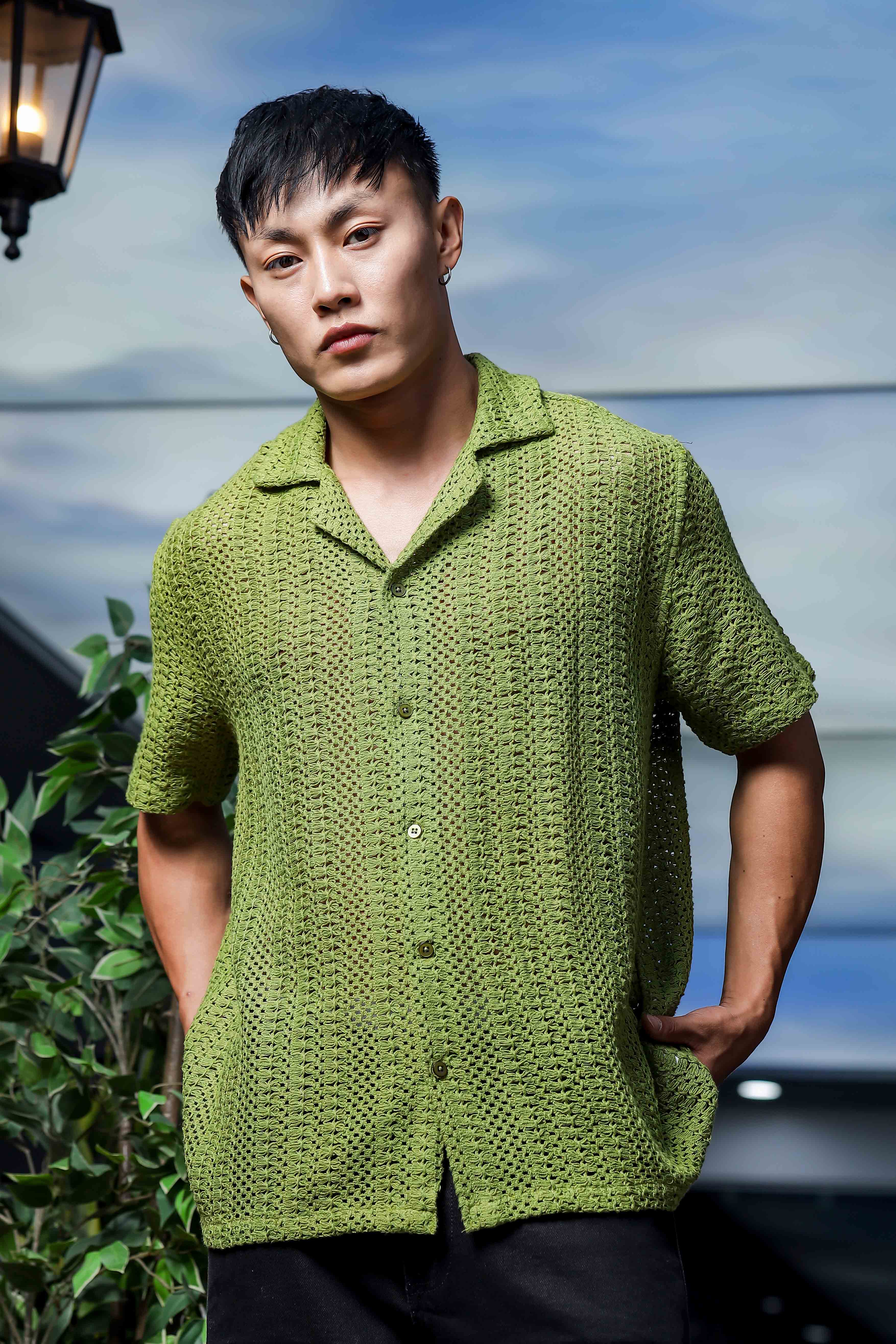 Olive Pure Cotton Crochet Relaxed Fit Resort Shirt