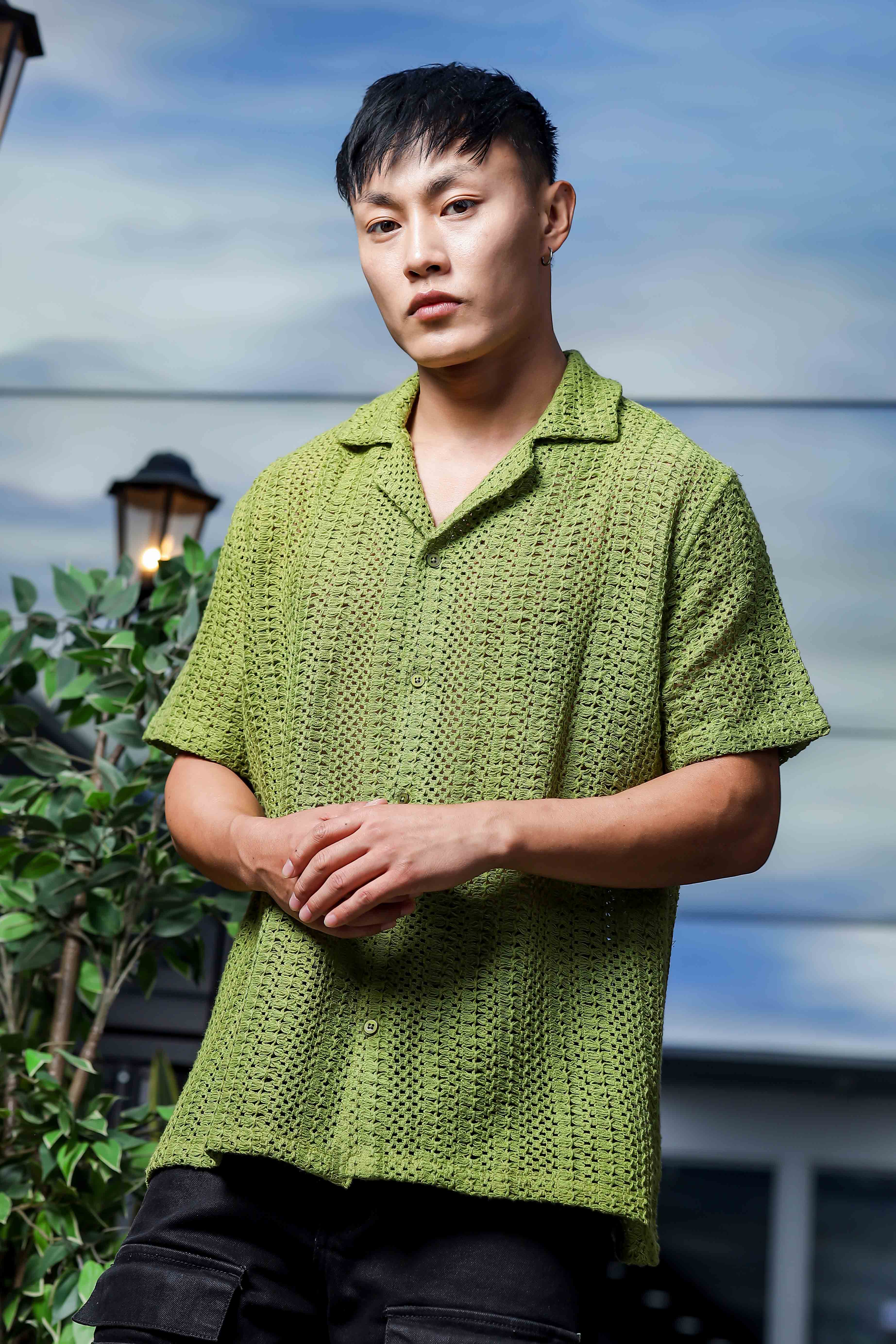 Olive Pure Cotton Crochet Relaxed Fit Resort Shirt