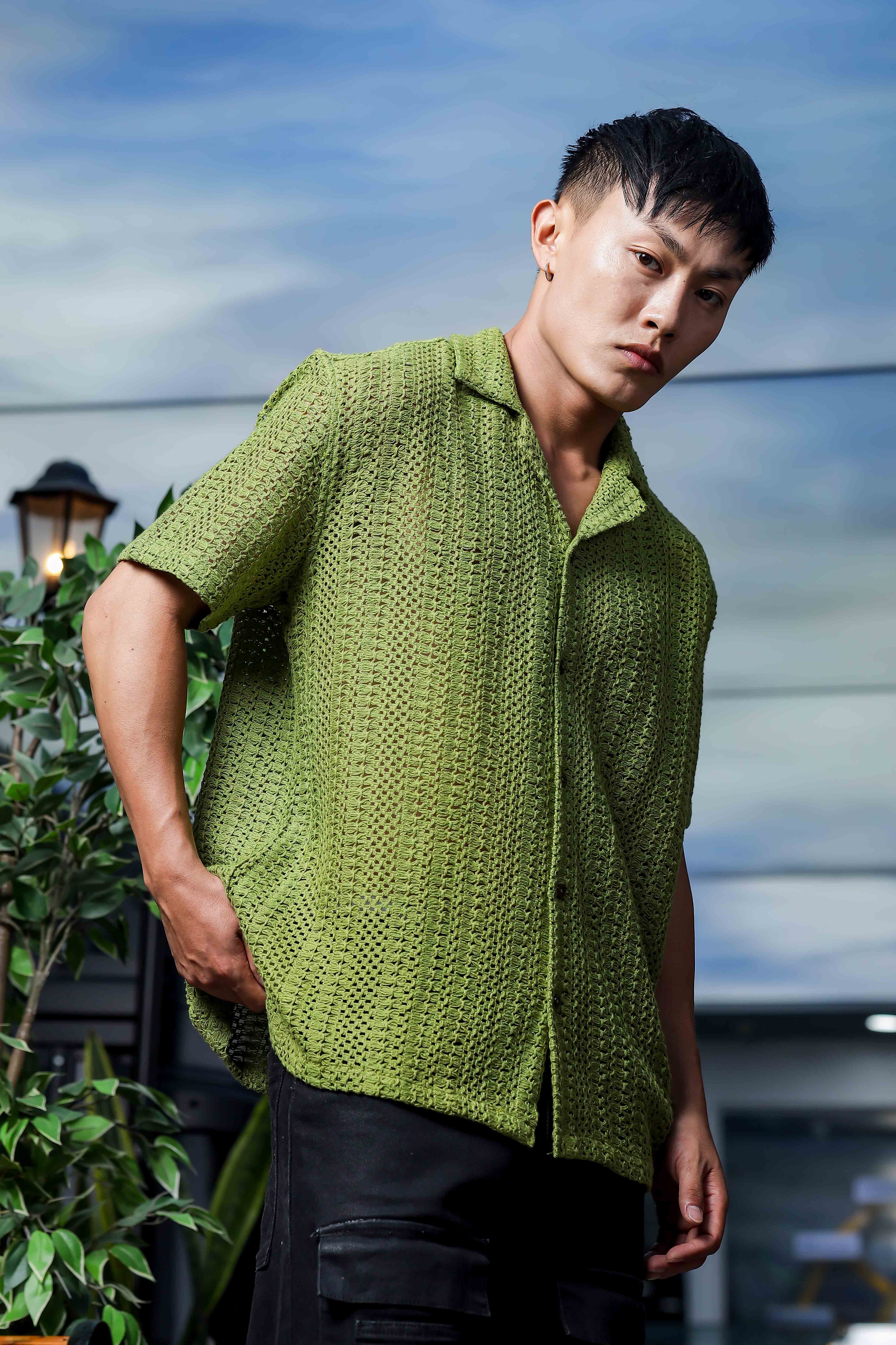 Olive Pure Cotton Crochet Relaxed Fit Resort Shirt