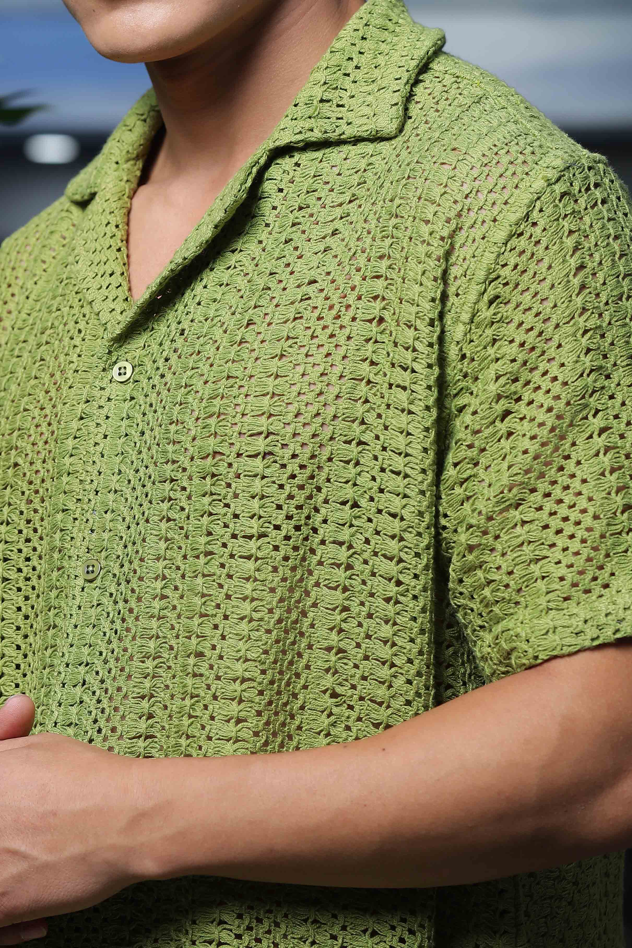 Olive Pure Cotton Crochet Relaxed Fit Resort Shirt