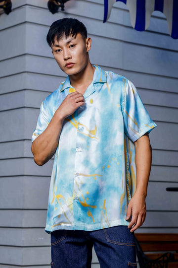 Blue Tie & Dye Satin Print Cuban Collar Oversized Resort Shirt