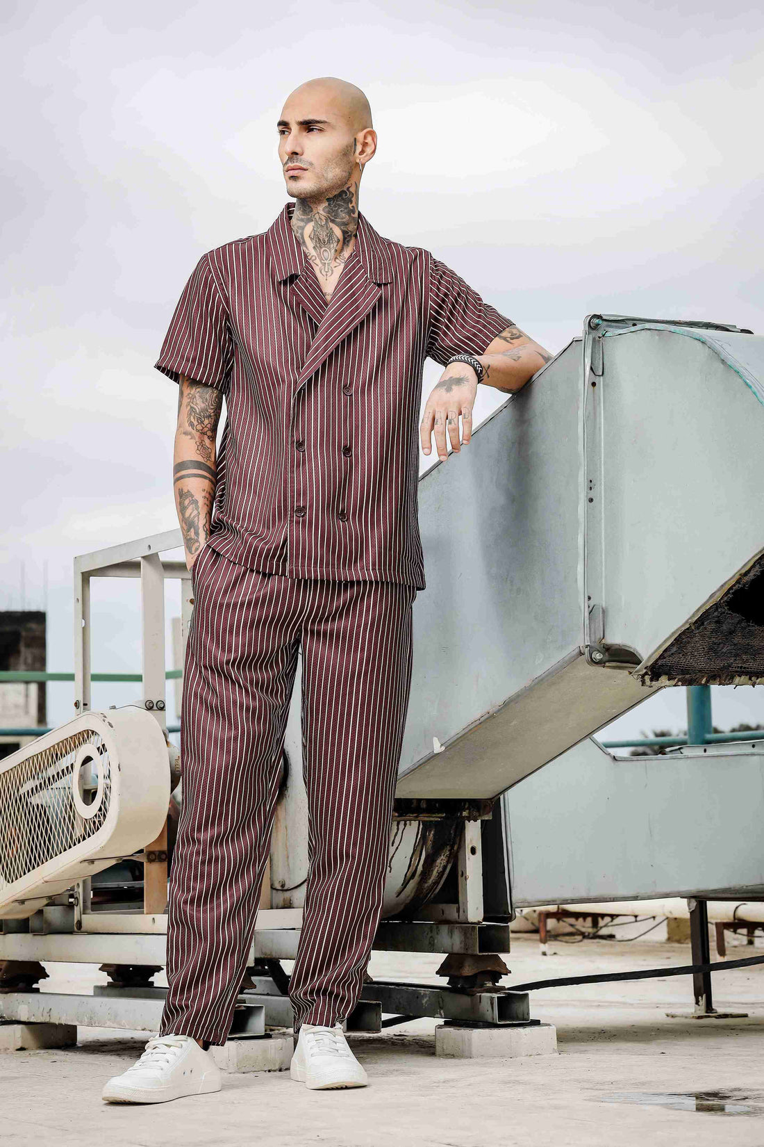 Brown Pinstripe Jacquard Textured Korean Streetwear Co-ord Set