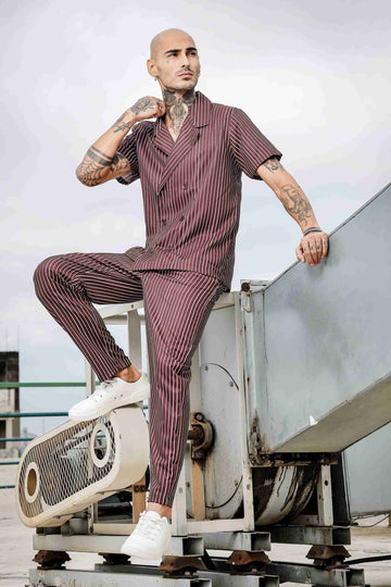 Brown Pinstripe Jacquard Textured Korean Streetwear Co-ord Set
