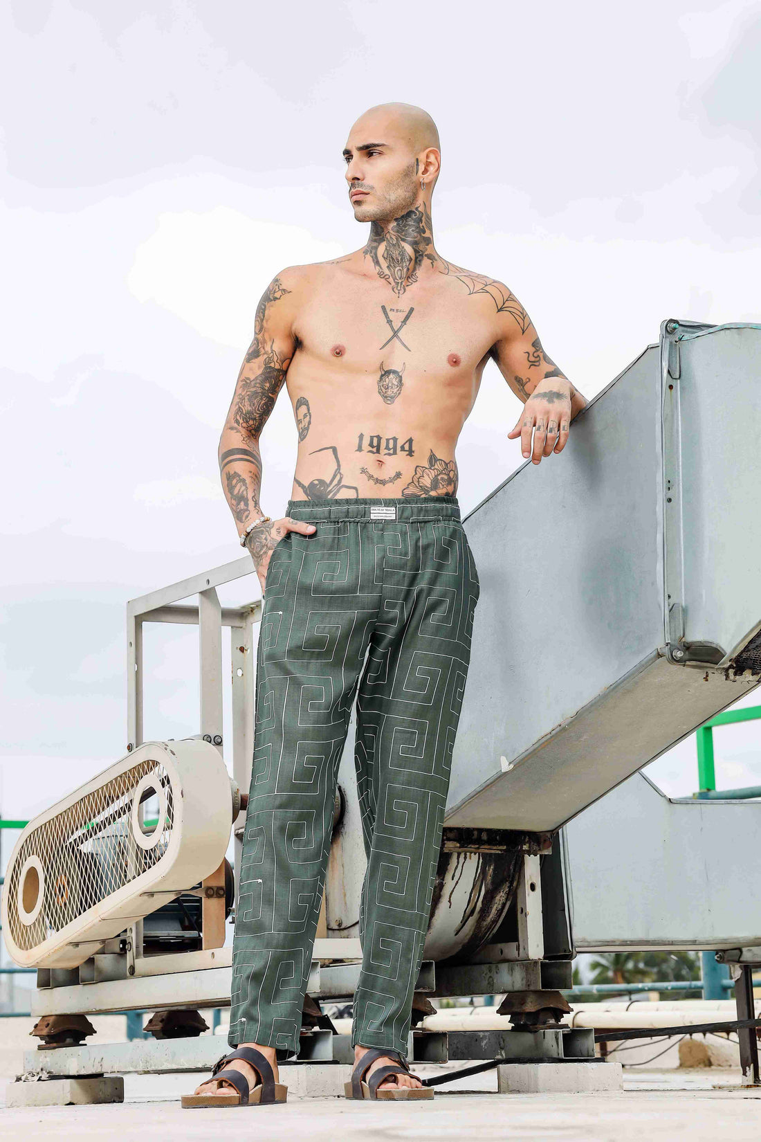 Olive Linen Blend Embroidered Relaxed Fit All Day Pants