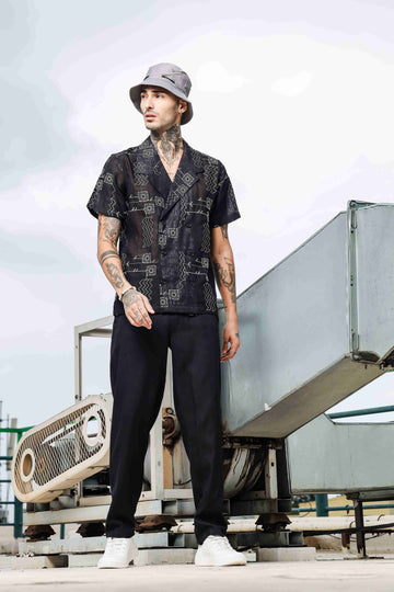 Oversized Black Linen Embroidered Coord Set