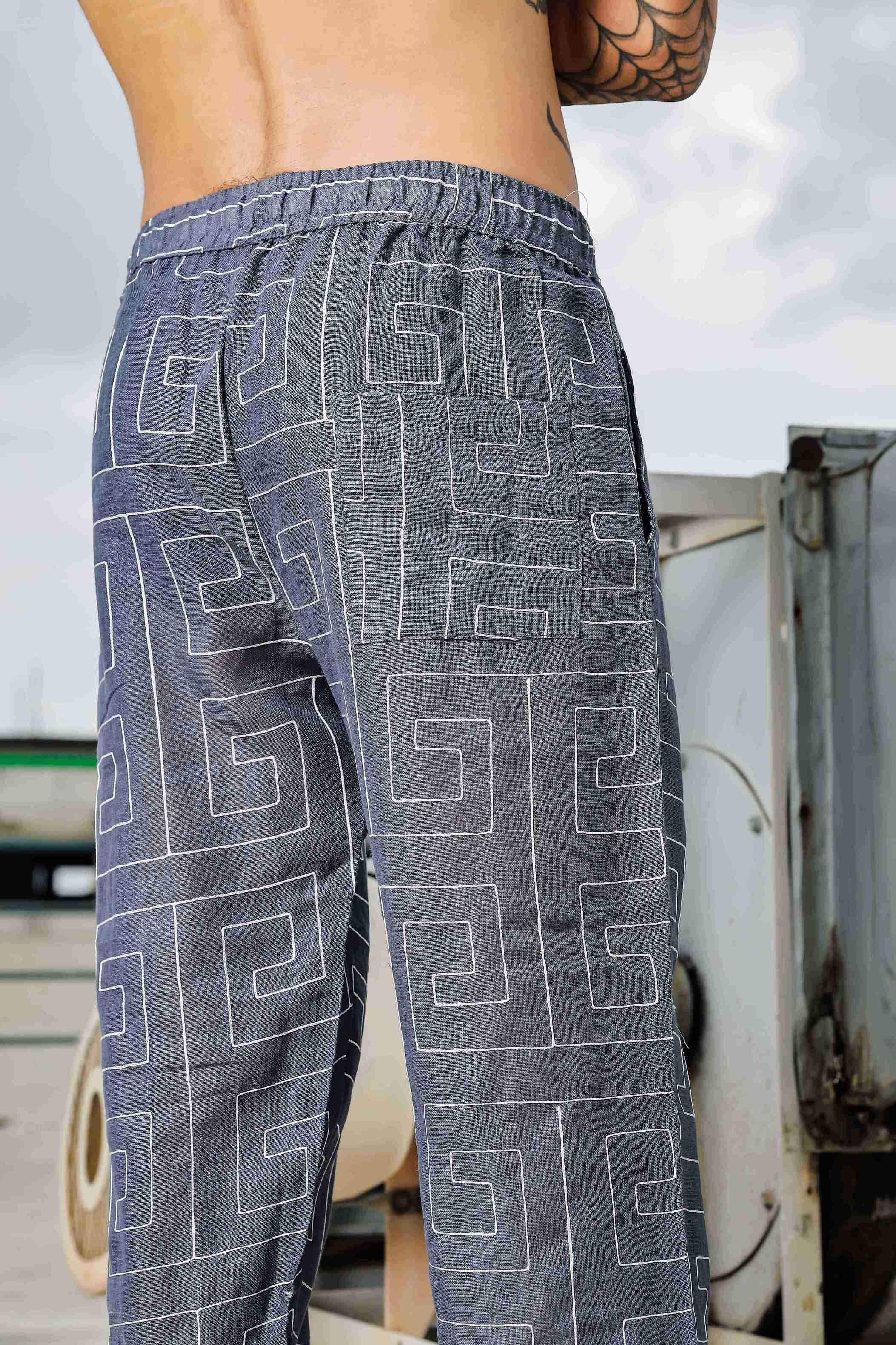Blue Linen Embroidered Notched Lapel Korean Shirt & All Day Lounge Pants Co-ord Set