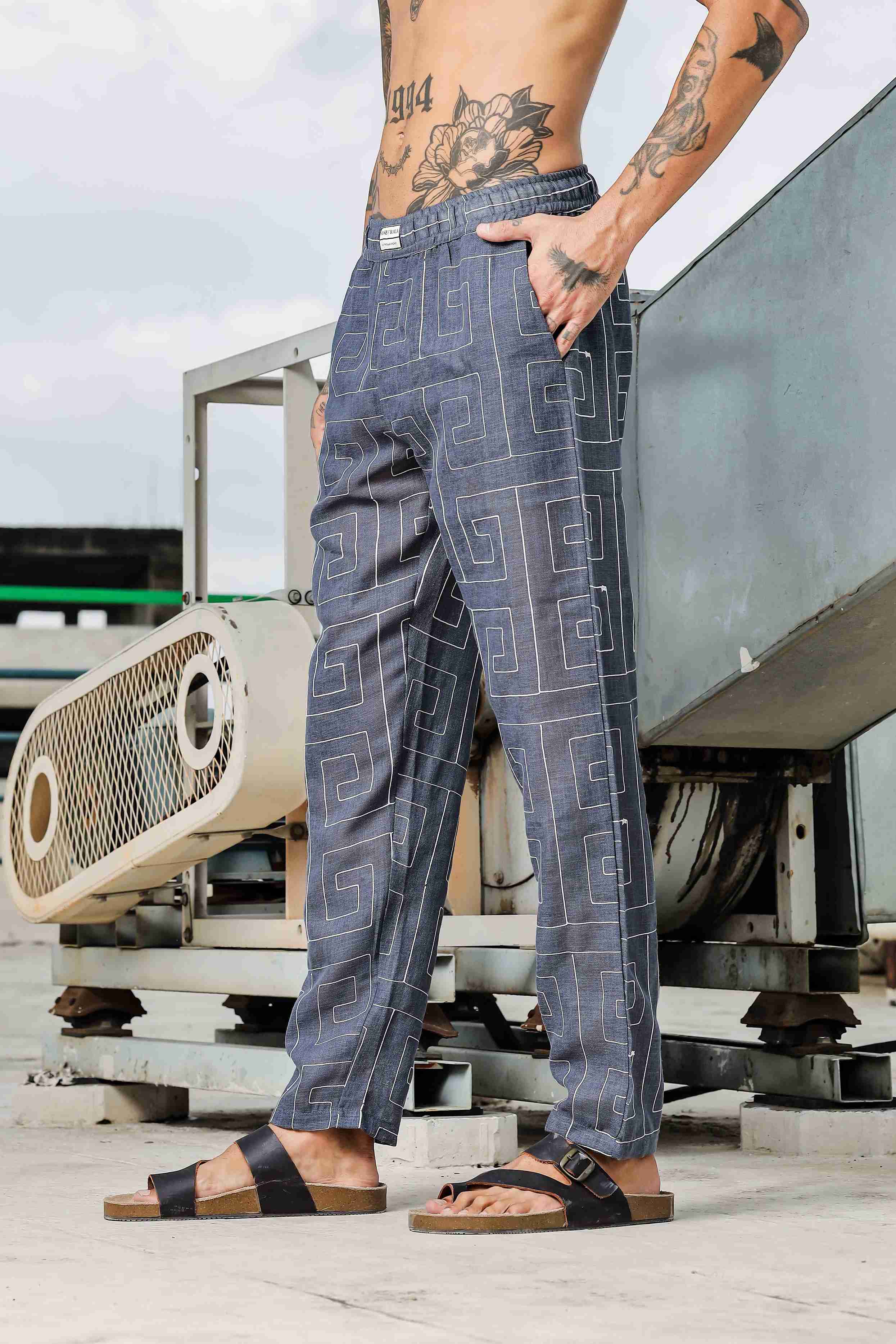 Blue Linen Embroidered Notched Lapel Korean Shirt & All Day Lounge Pants Co-ord Set