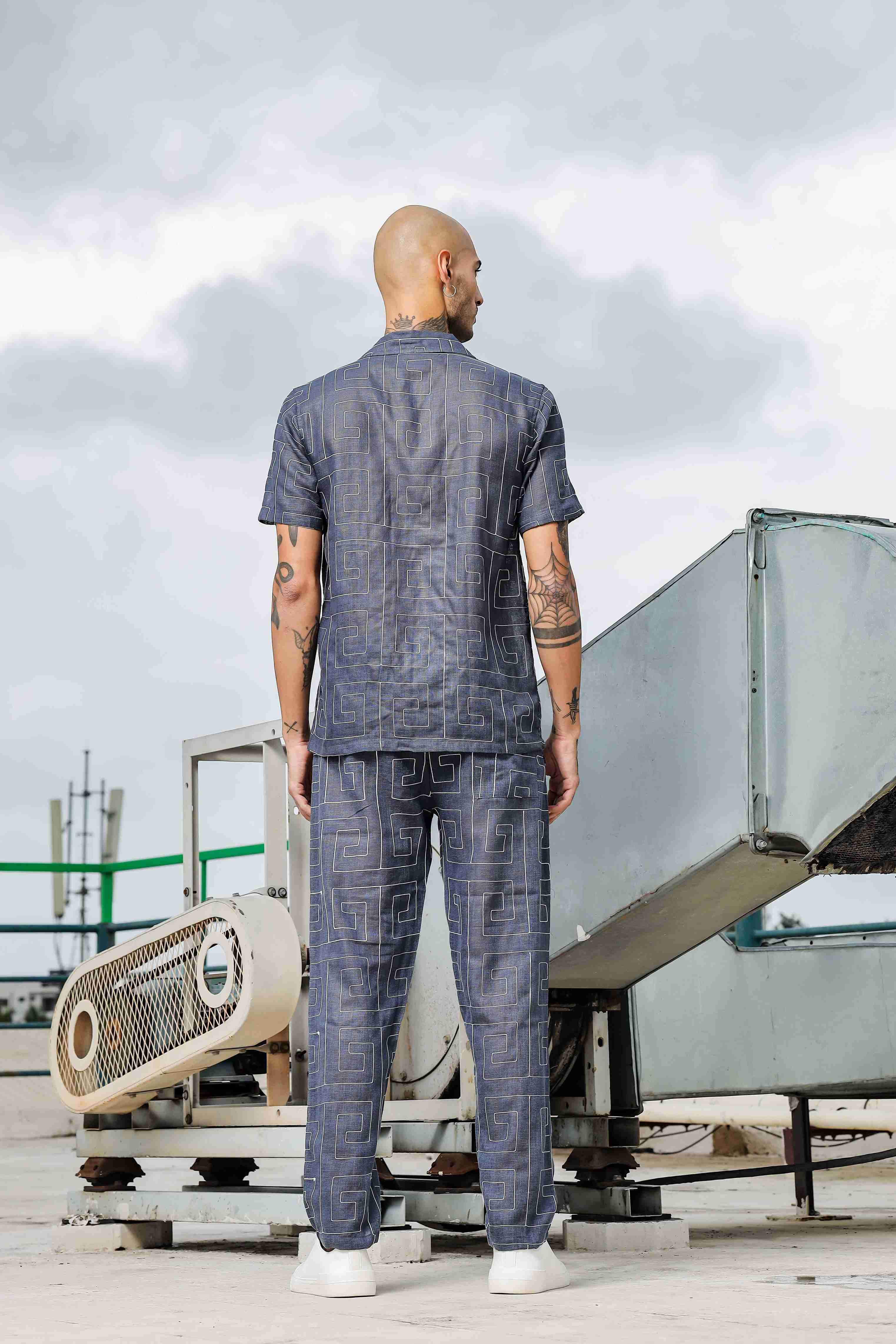 Blue Linen Embroidered Notched Lapel Korean Shirt & All Day Lounge Pants Co-ord Set