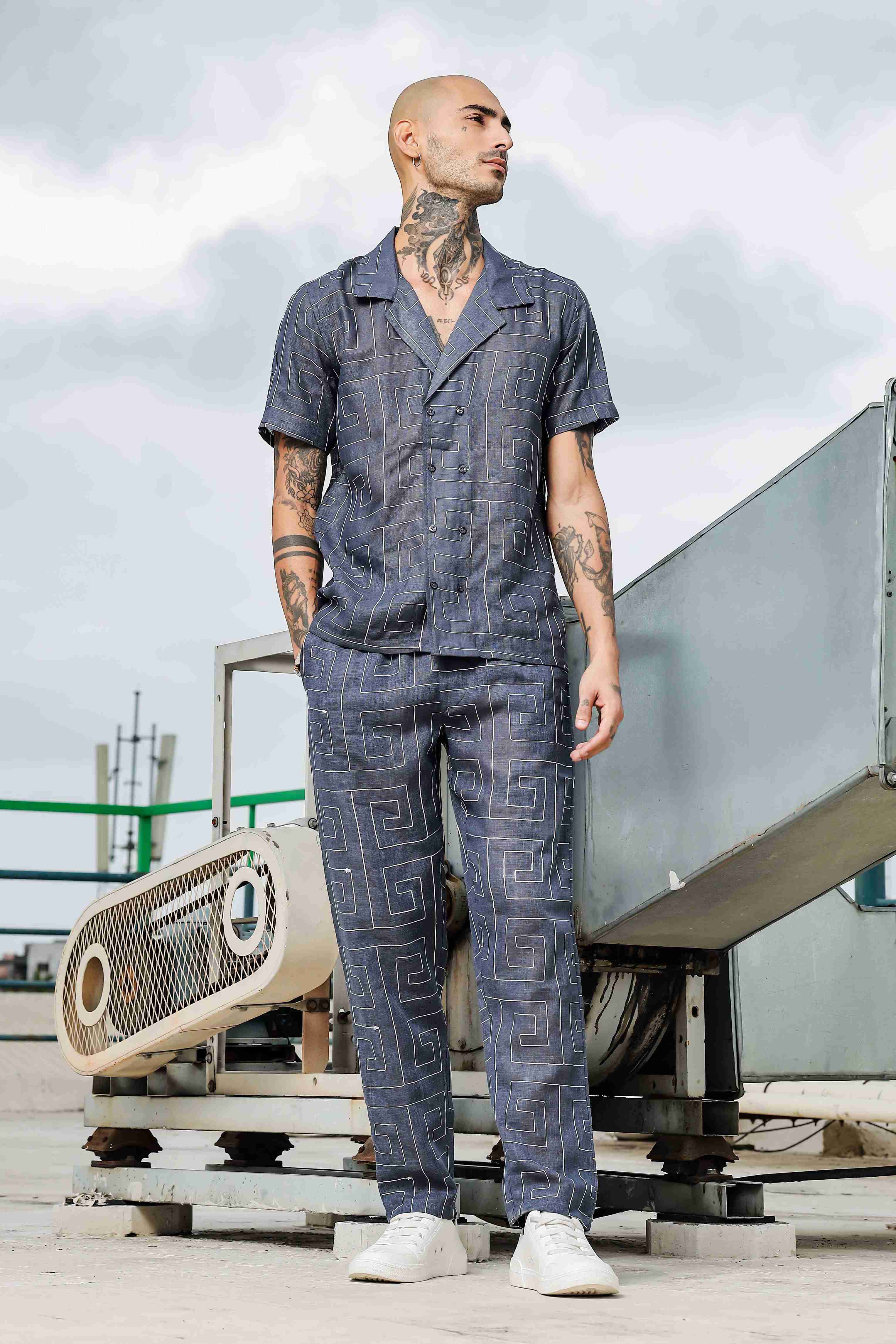 Blue Linen Embroidered Notched Lapel Korean Shirt & All Day Lounge Pants Co-ord Set