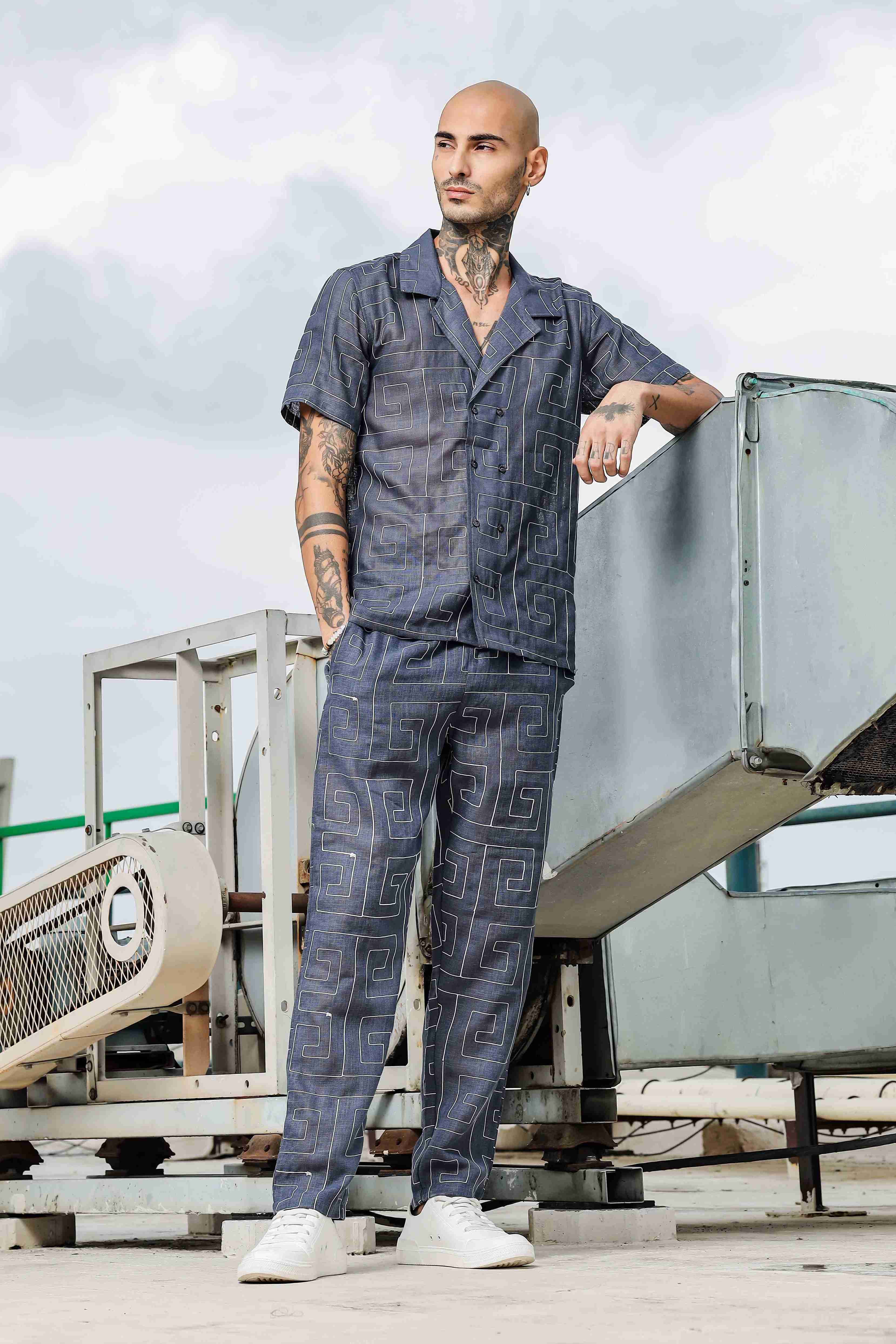 Blue Linen Embroidered Notched Lapel Korean Shirt & All Day Lounge Pants Co-ord Set