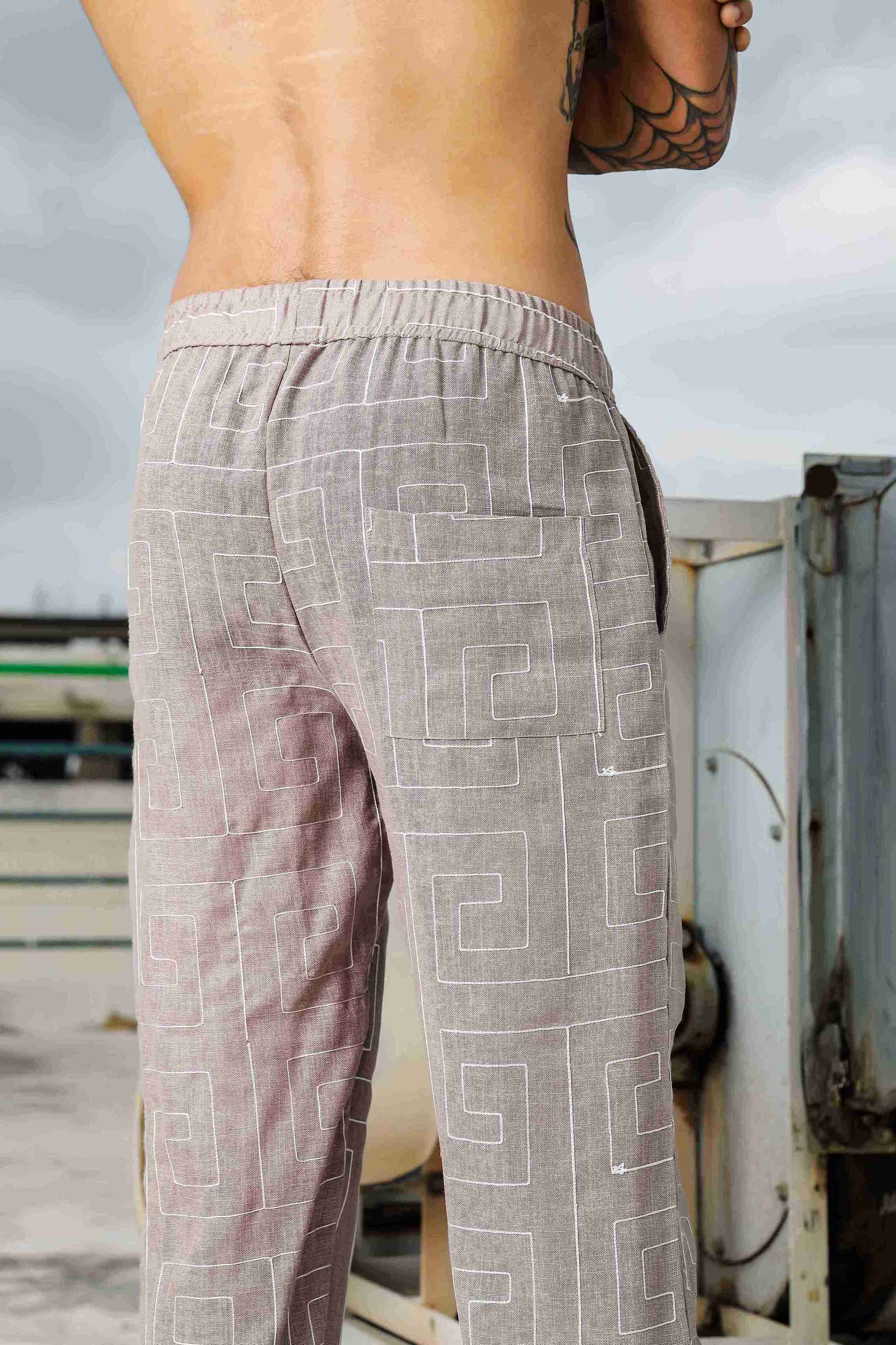 Beige Linen Notched Lapel Shirt & All Day Lounge Pants Embroidered Co-ord Set