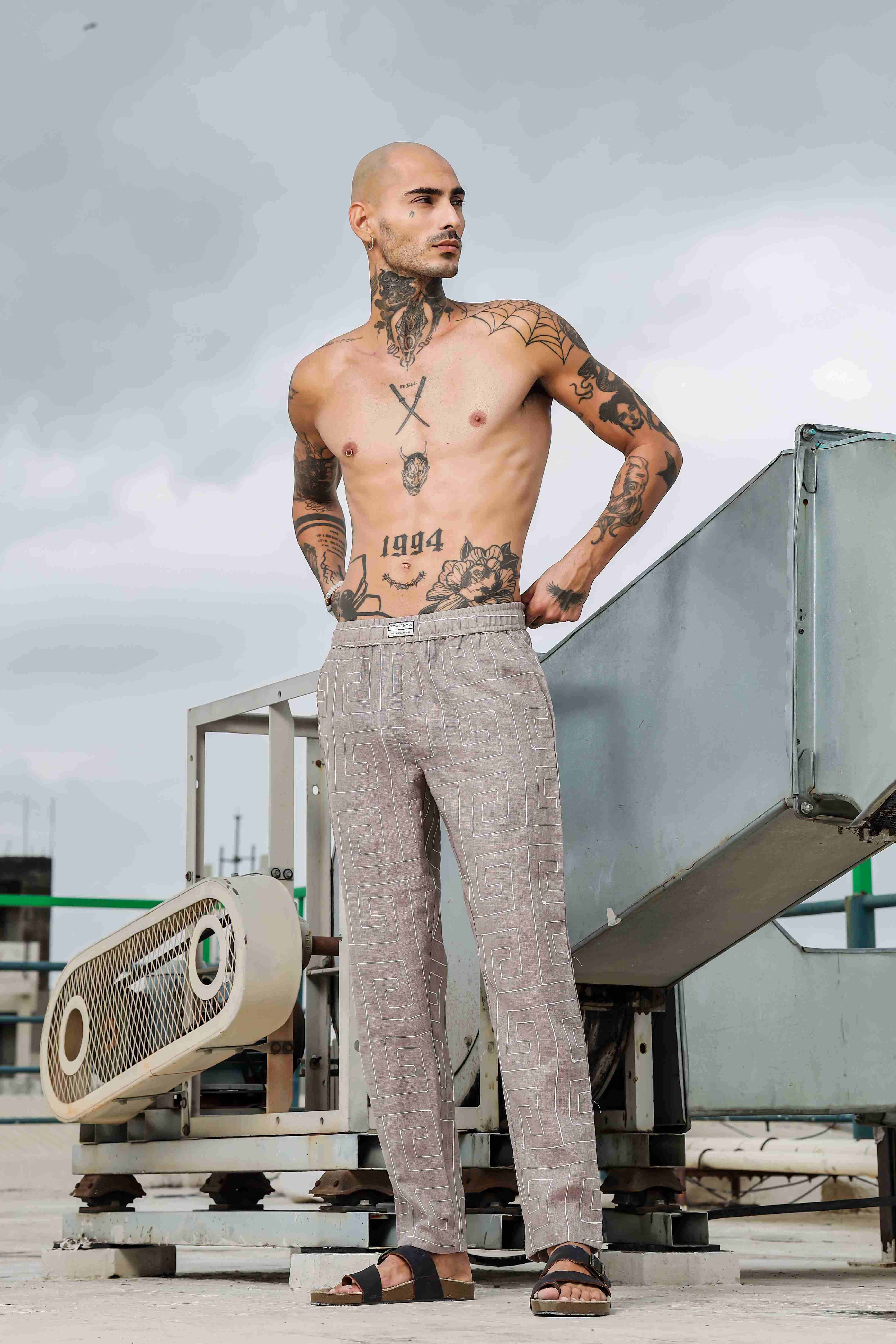 Beige Linen Notched Lapel Shirt & All Day Lounge Pants Embroidered Co-ord Set