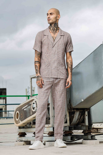 Beige Linen Notched Lapel Shirt & All Day Lounge Pants Embroidered Co-ord Set