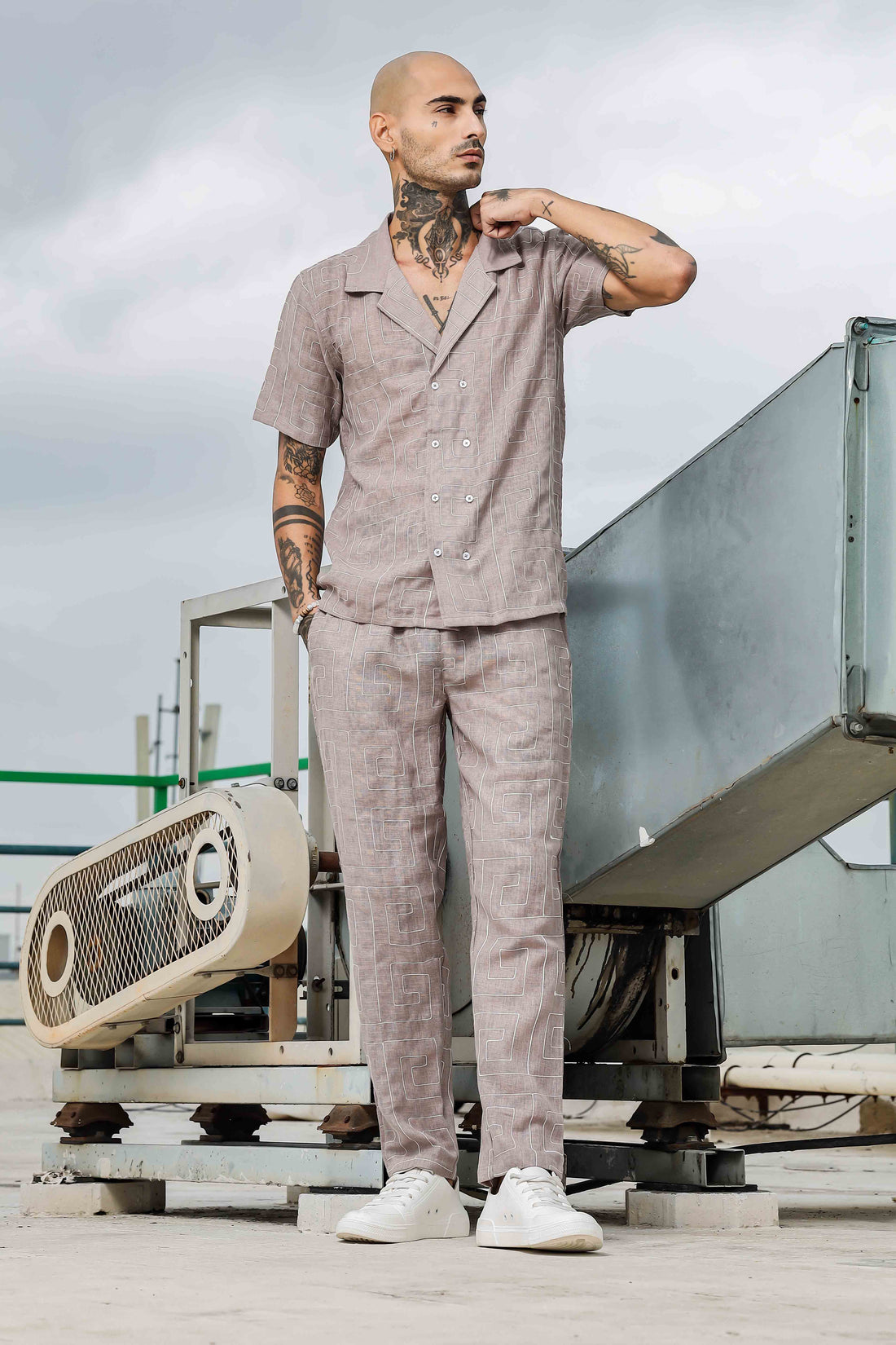 Beige Linen Notched Lapel Shirt & All Day Lounge Pants Embroidered Co-ord Set