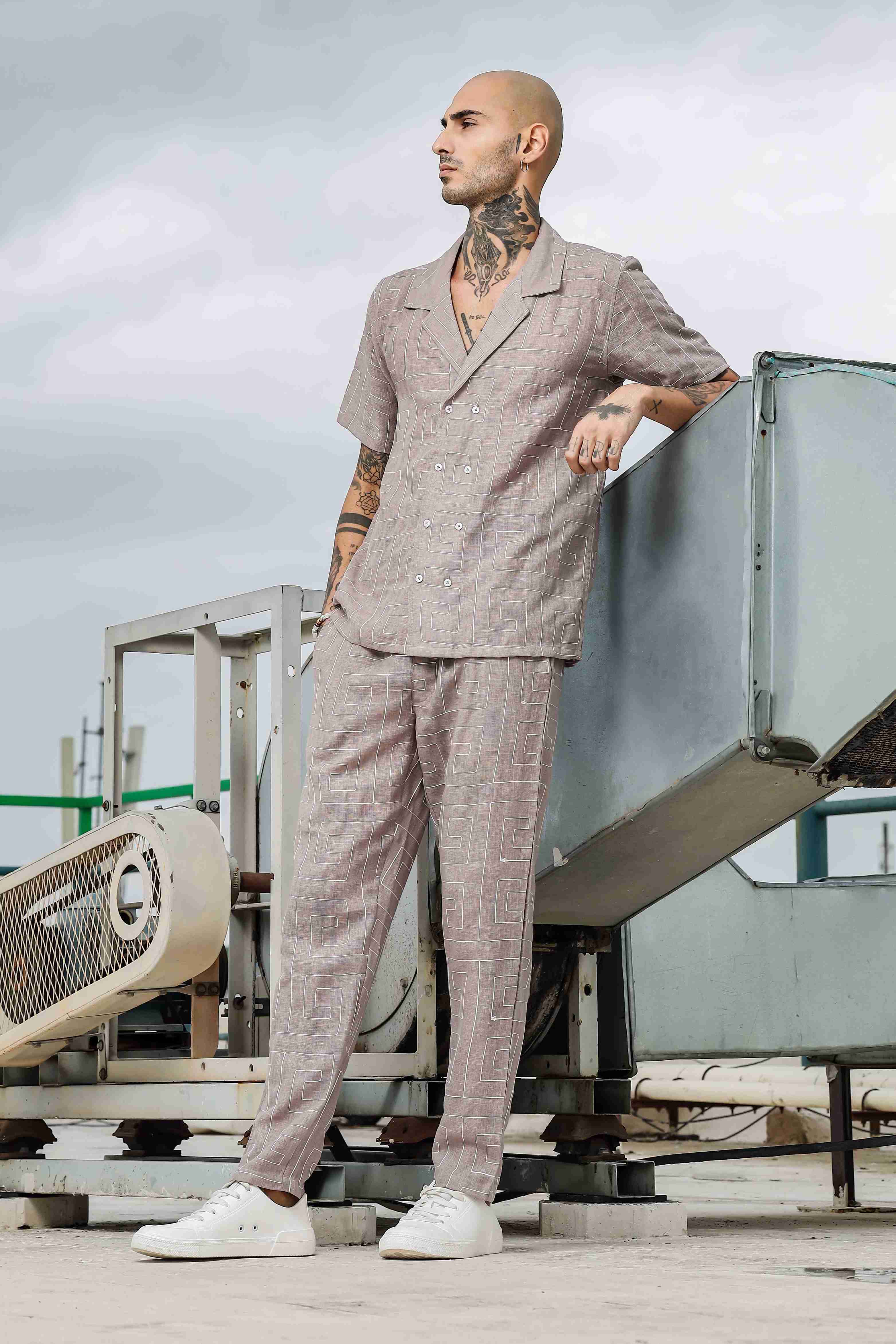 Beige Linen Notched Lapel Shirt & All Day Lounge Pants Embroidered Co-ord Set