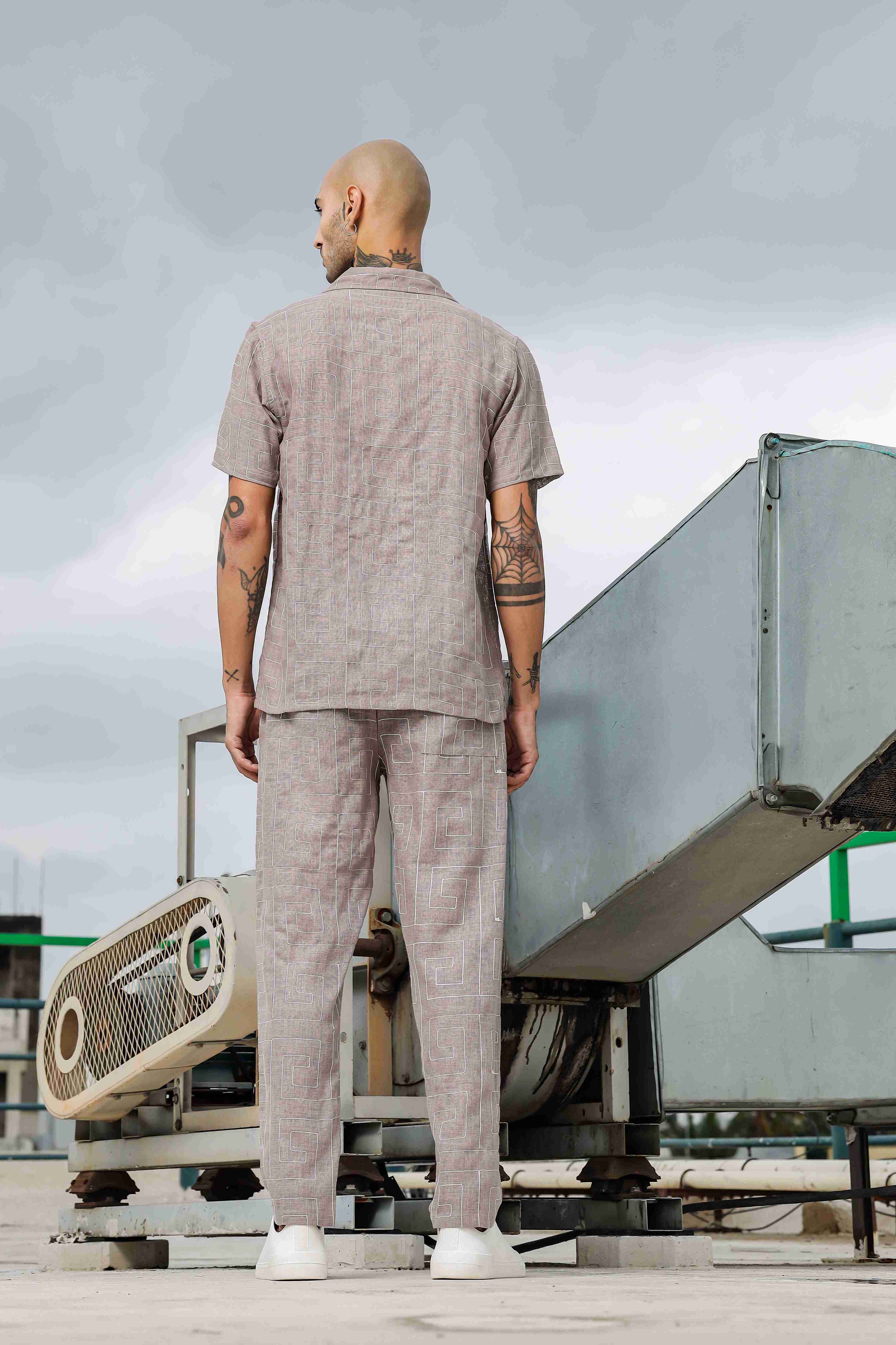 Beige Linen Notched Lapel Shirt & All Day Lounge Pants Embroidered Co-ord Set