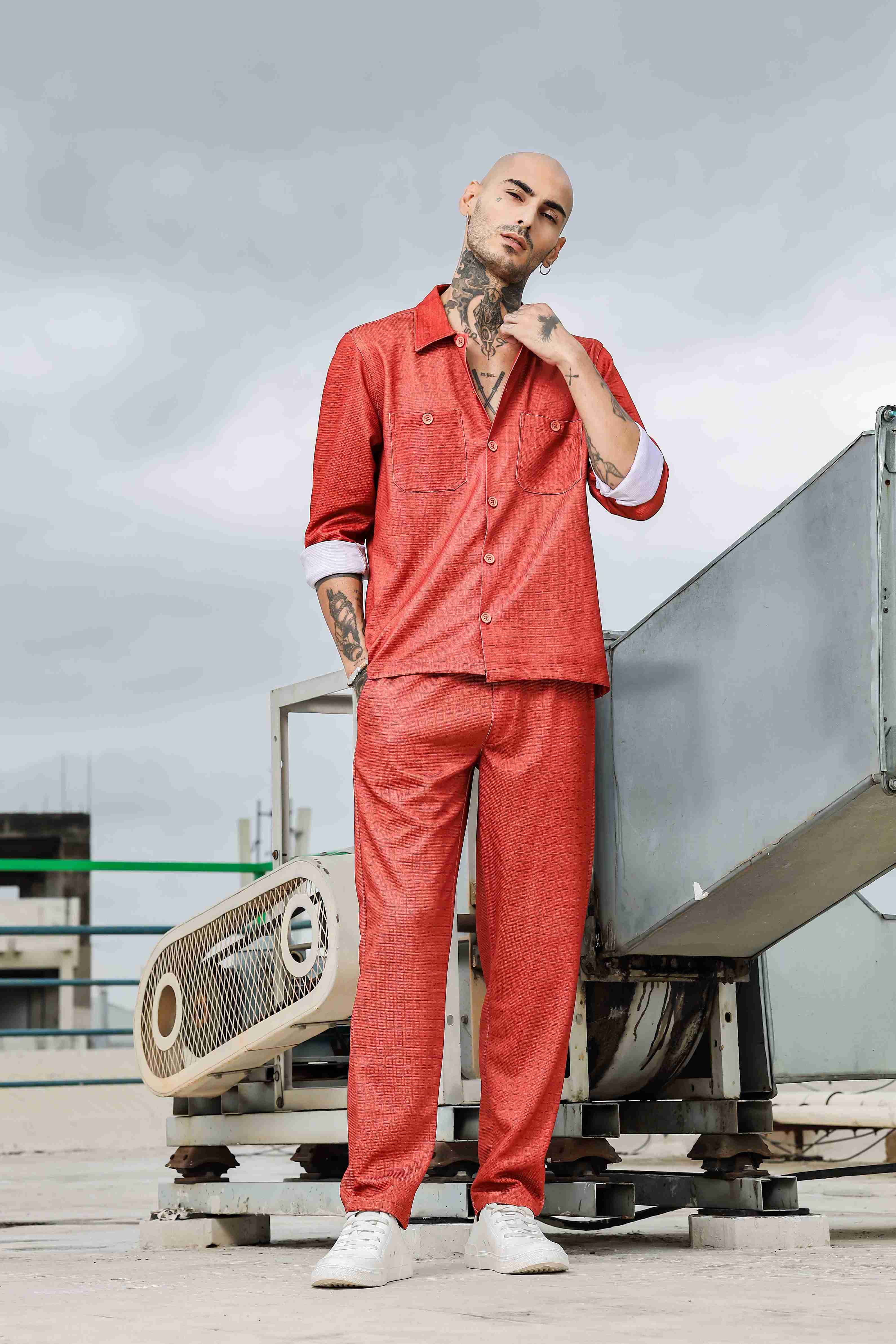 Rust Oversized Textured Fabric Shacket Shirt & All Day Pants Co-ord Set