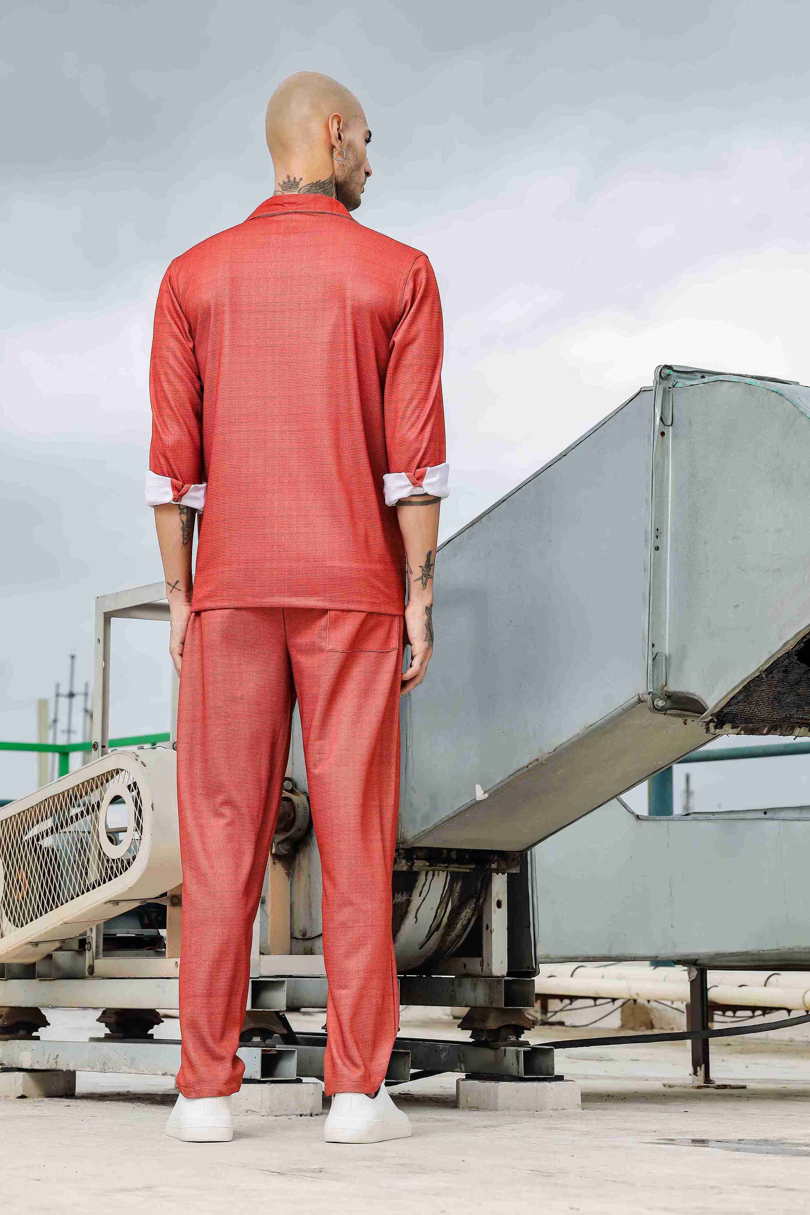 Rust Oversized Textured Fabric Shacket Shirt & All Day Pants Co-ord Set