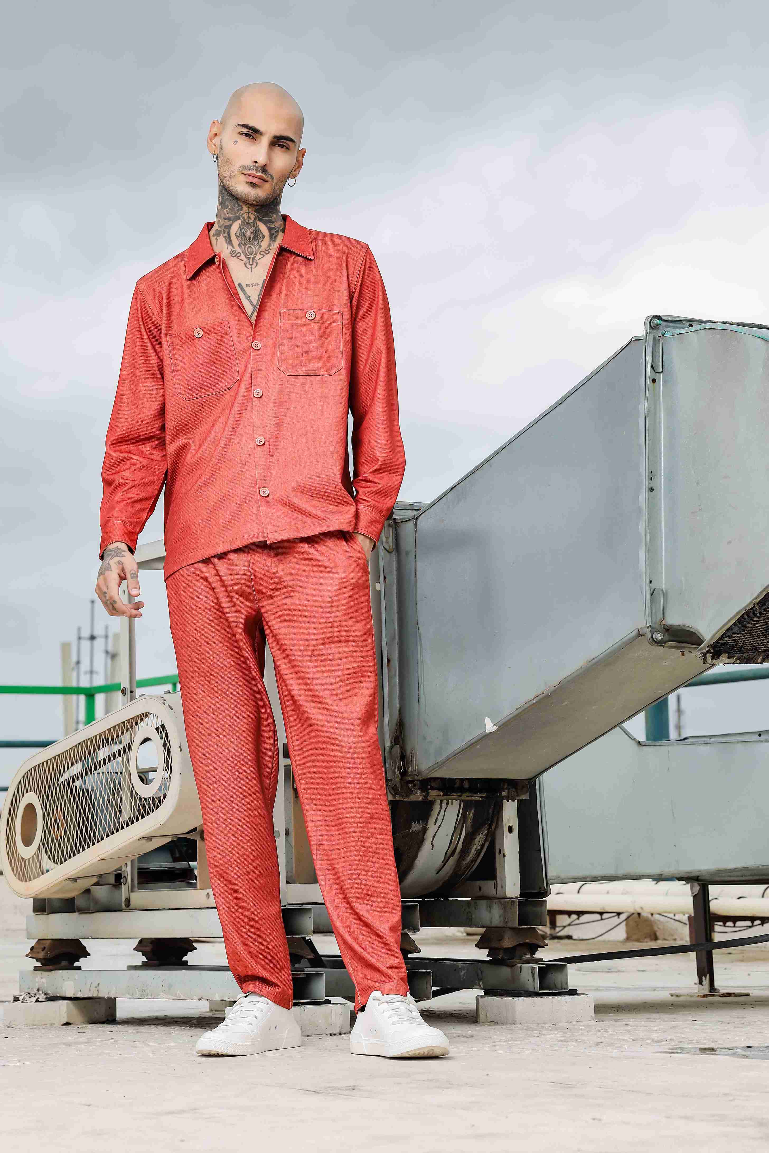 Rust Oversized Textured Fabric Shacket Shirt & All Day Pants Co-ord Set