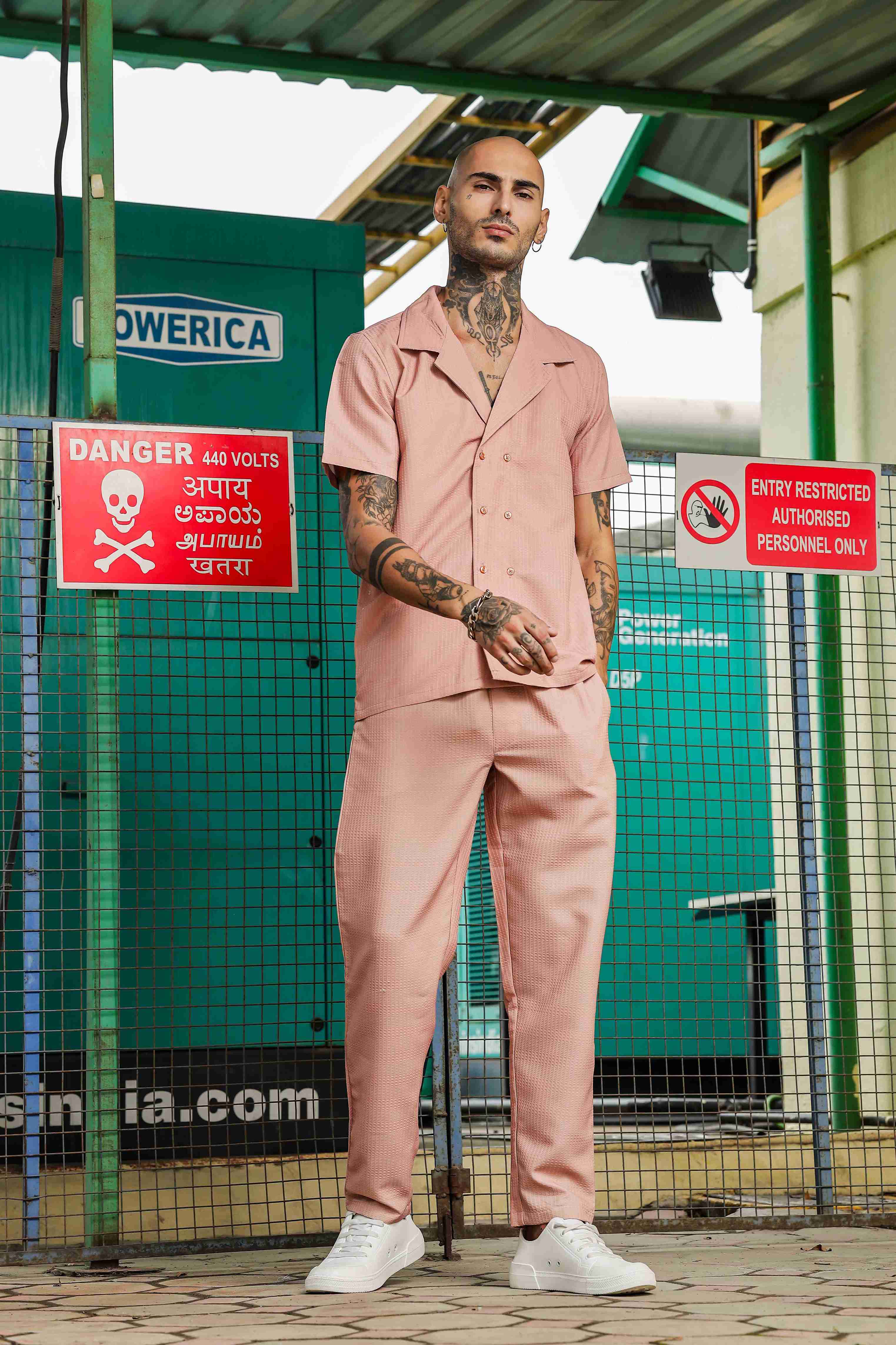 Peach Textured Fabric Notched Lapel Collar & All Day Pants Co-ord Set