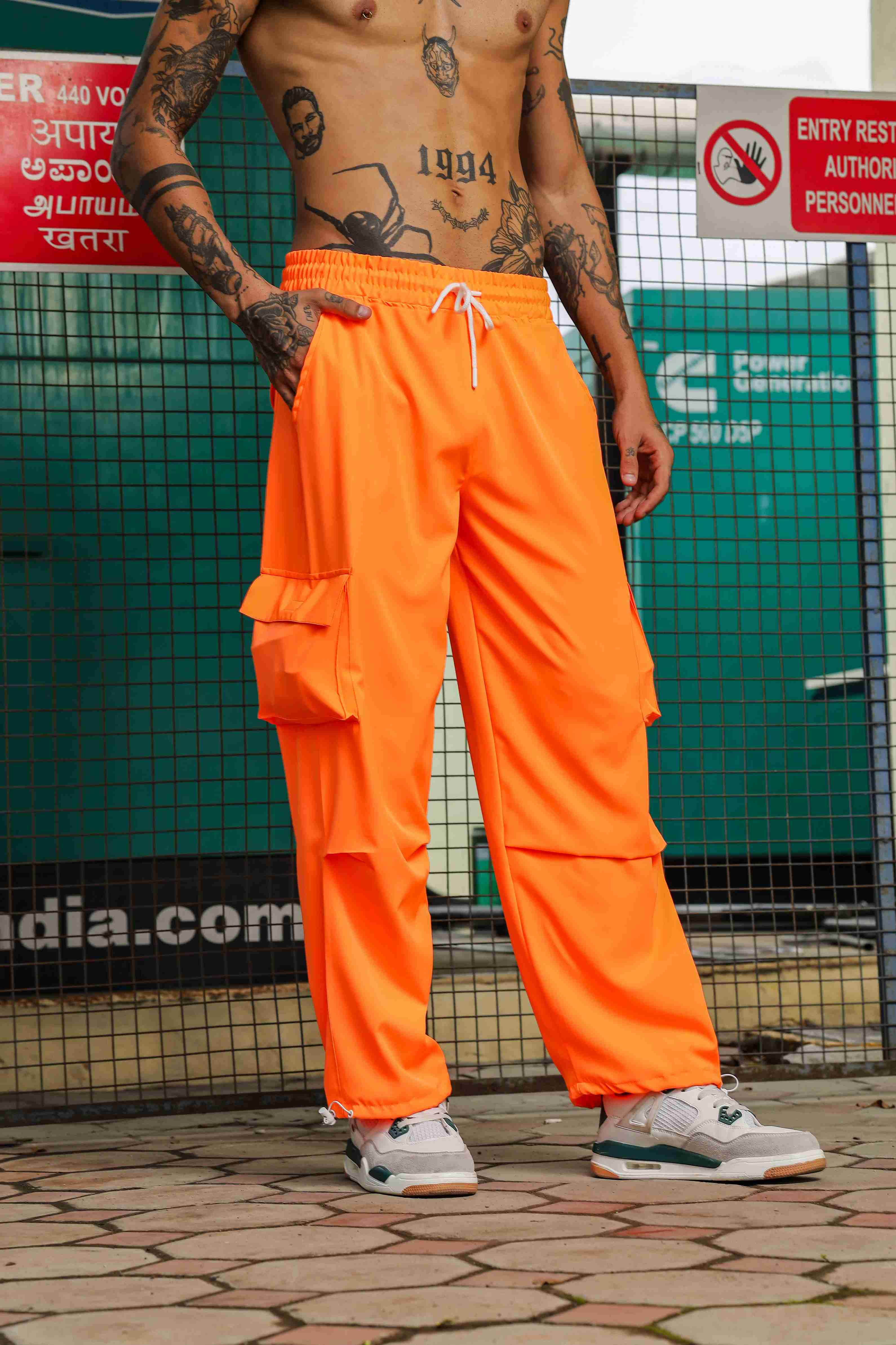 Unisex Baggy Fit Orange Parachute Cargo Trousers