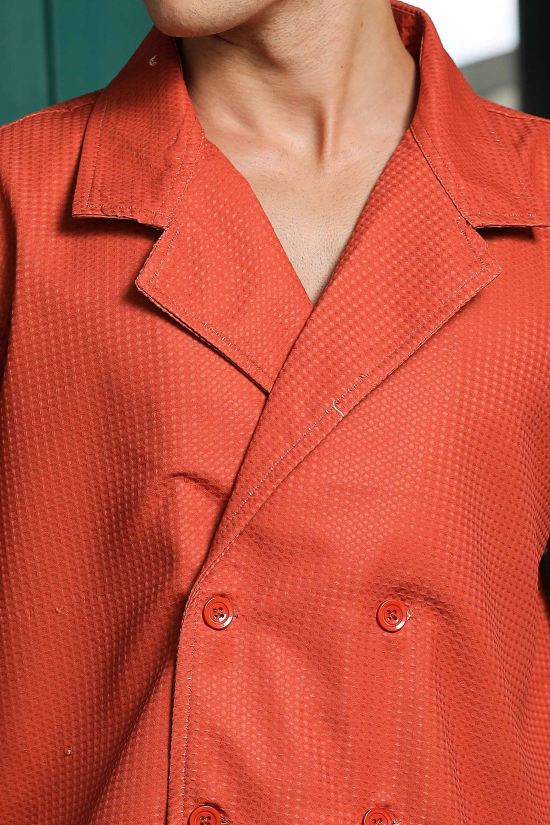 Textured Rust Korean Notched Lapel Collar Resort Shirt