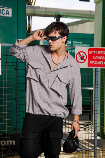 Grey Oversized Jacquard Textured Shirt Shacket
