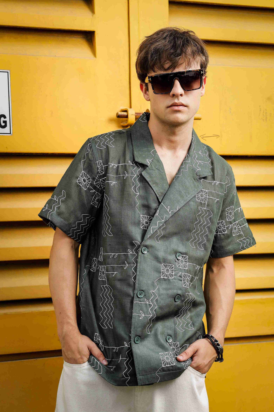 Linen Blend Olive Korean Notched Lapel Collar Resort Shirt