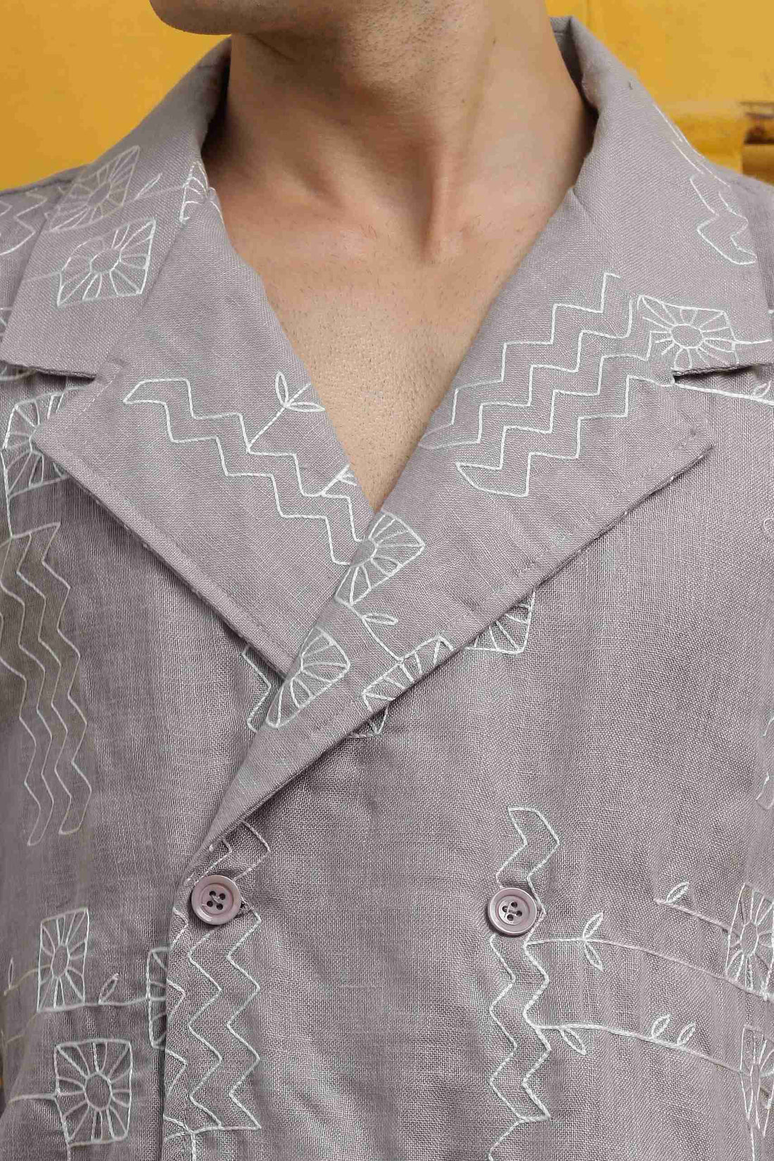 Beige Linen Embroidered Notched Lapel Korean Shirt & Solid Linen All Day Pants Co-ord Set