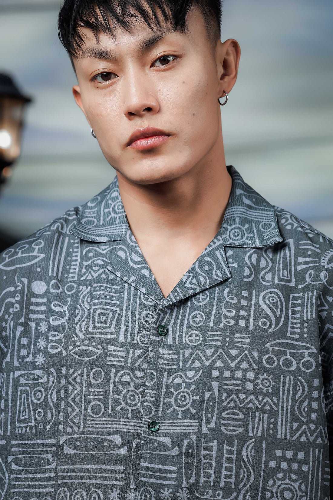 Abstract Tribal Print Cuban Collar Relaxed Fit Resort Shirt