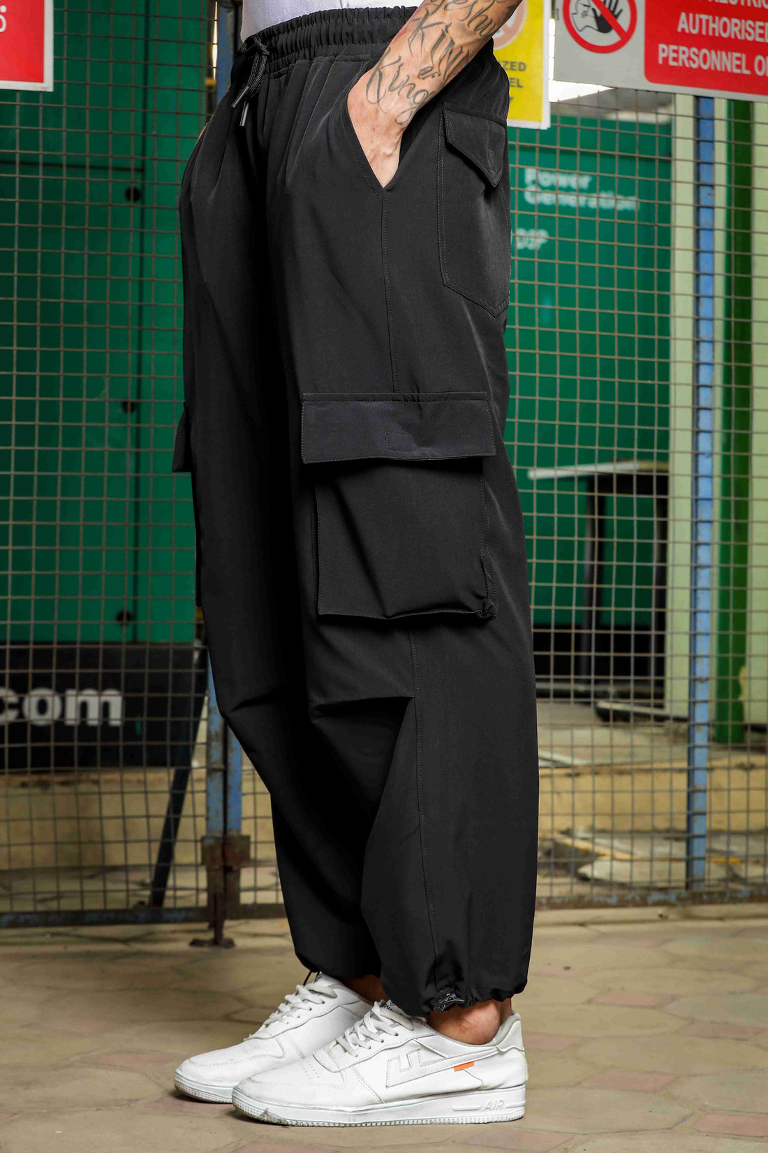 Black Baggy Fit Parachute Cargo Trousers