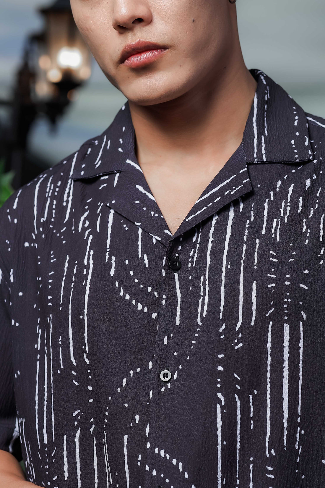 Black Geometric Printed Cuban Collar  Resort Shirt & Shorts Textured Co-ord Set